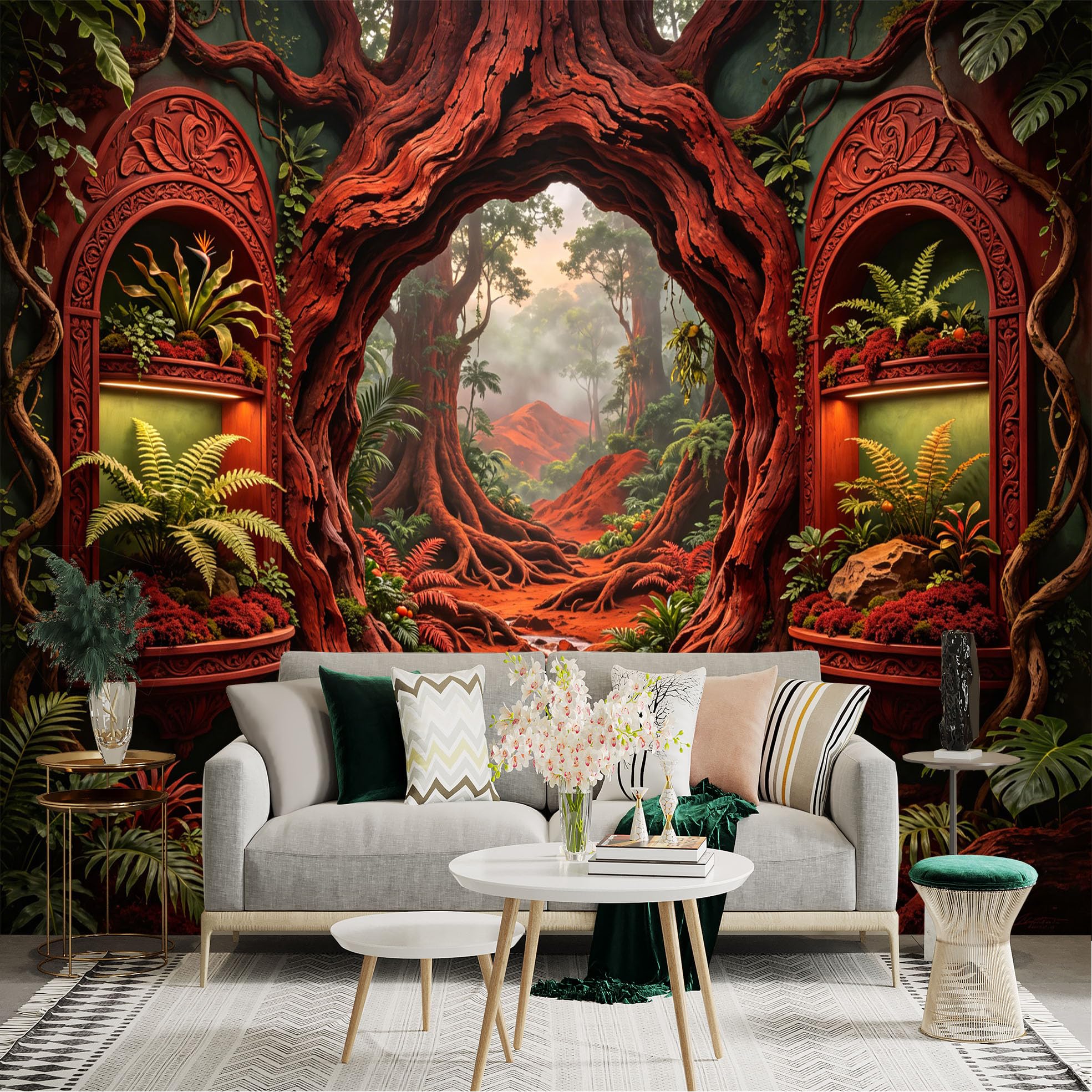 Custom Size Wall Sticker Mural， Enchanted Forest with Red Trees， Stream and Tropical Plants， for wall Decoration， peelandstick wall Decals.
