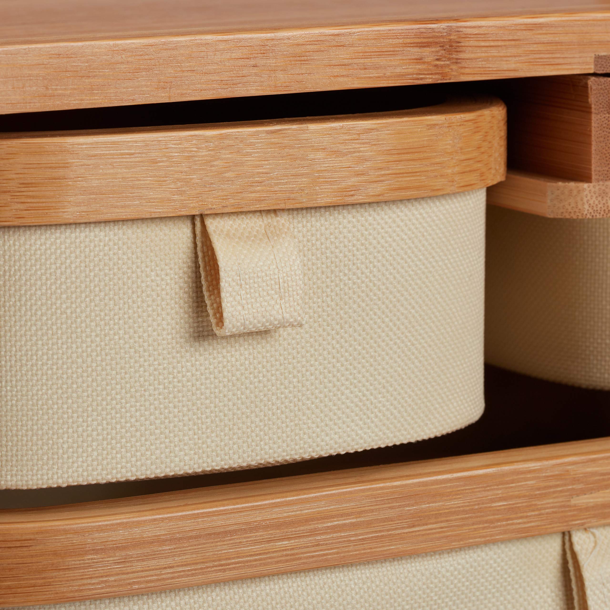 Relaxdays Mobiletto bambù, 3 Scomparti, mobiletto WC, Tessuto, Porta Trucchi, Rustico, HLP 19 x 34 x 23 cm, Marrone