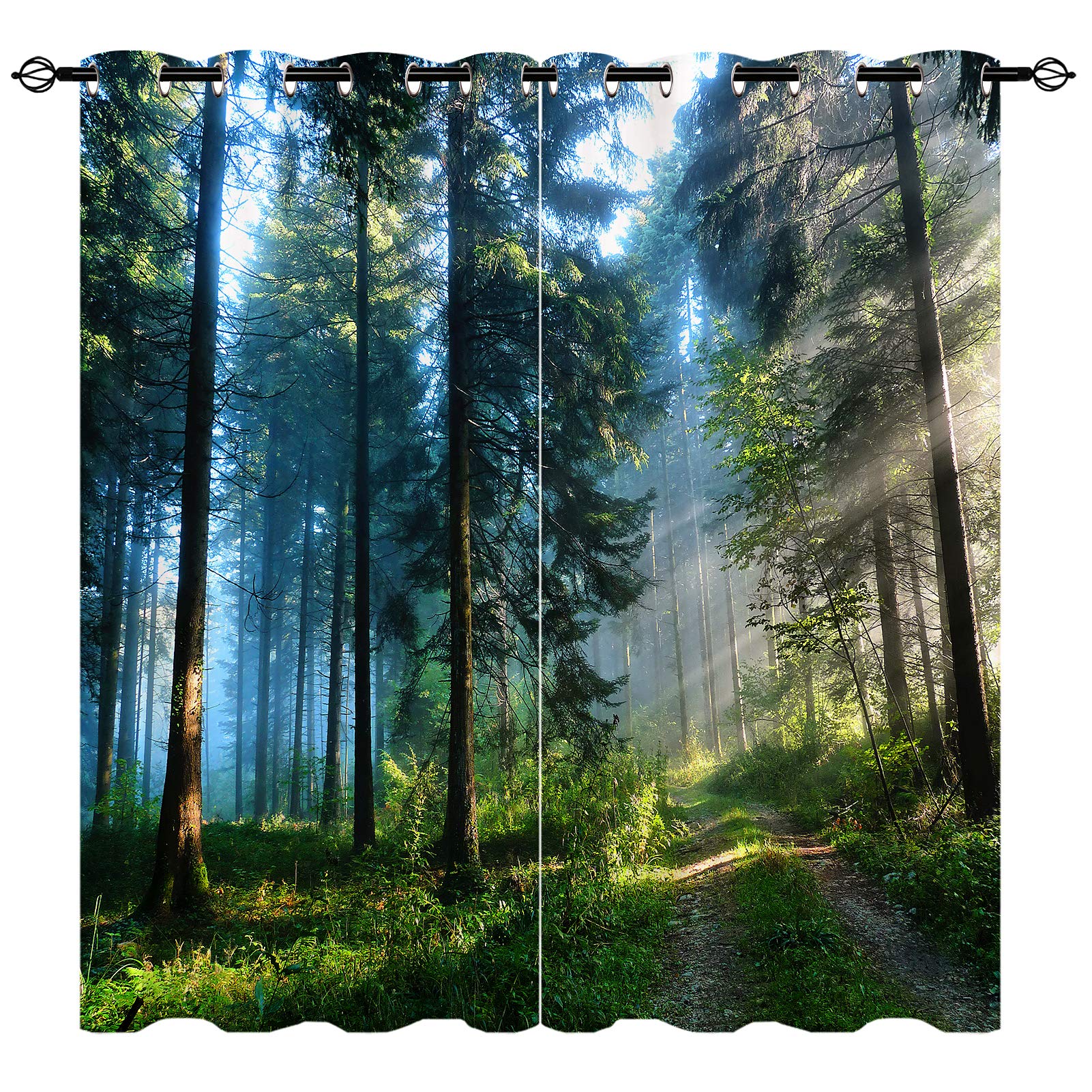 ANHOPE Forest Curtains Grommet Light Filtering Curtains with Nature Scenery Misty Forest Sunshine Tree Path Scene Print Pattern Decorative Window Drapes for Bedroom Living Room 2 Panels 52 x 84 Inch