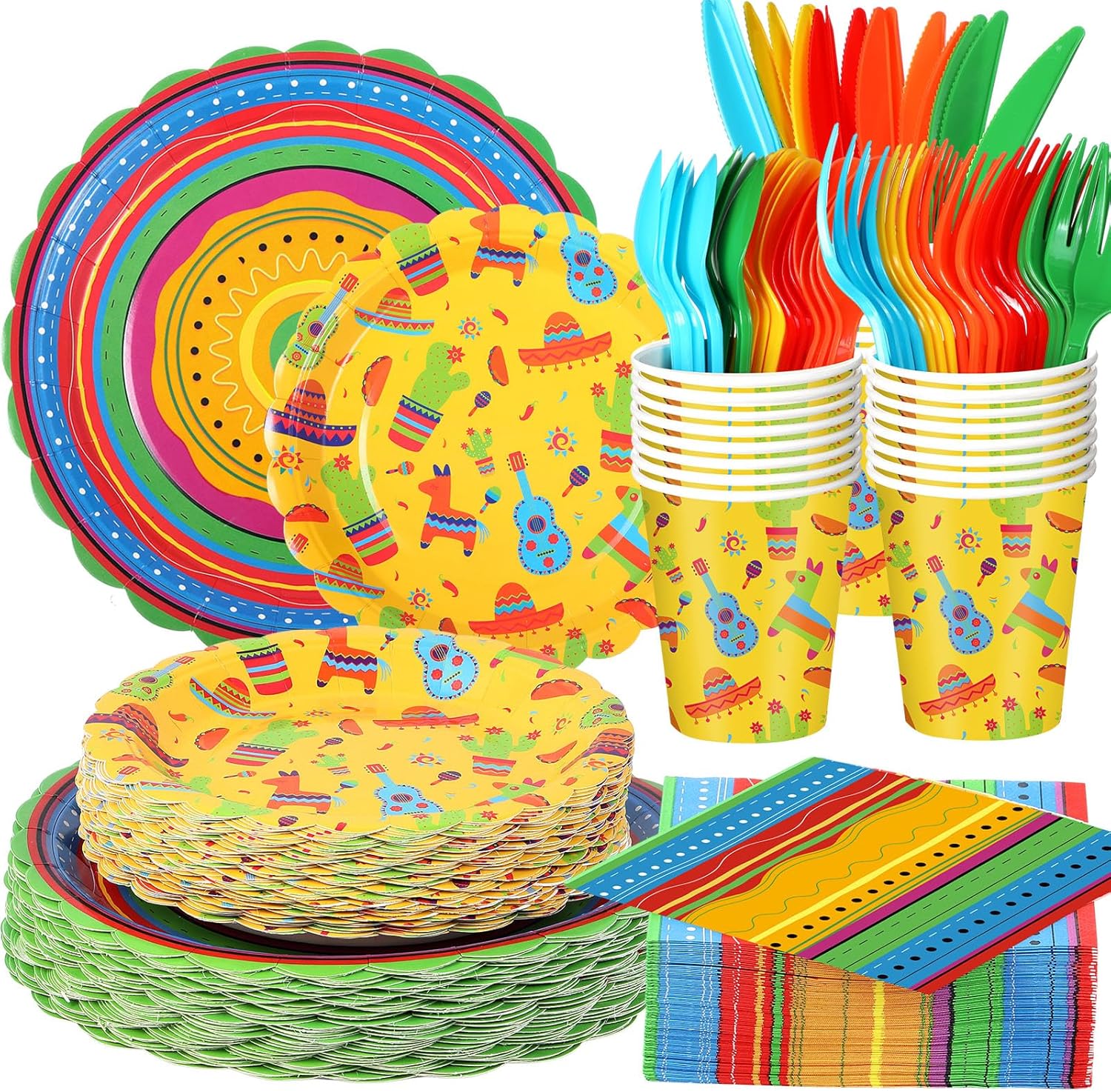 400 Pcs Mexican Party Supplies Fiesta Disposable Paper Plates Napkins and Cups Serve 50 Mexican Tableware Decorations for Cinco de Mayo Birthday, Taco Party(Fresh)