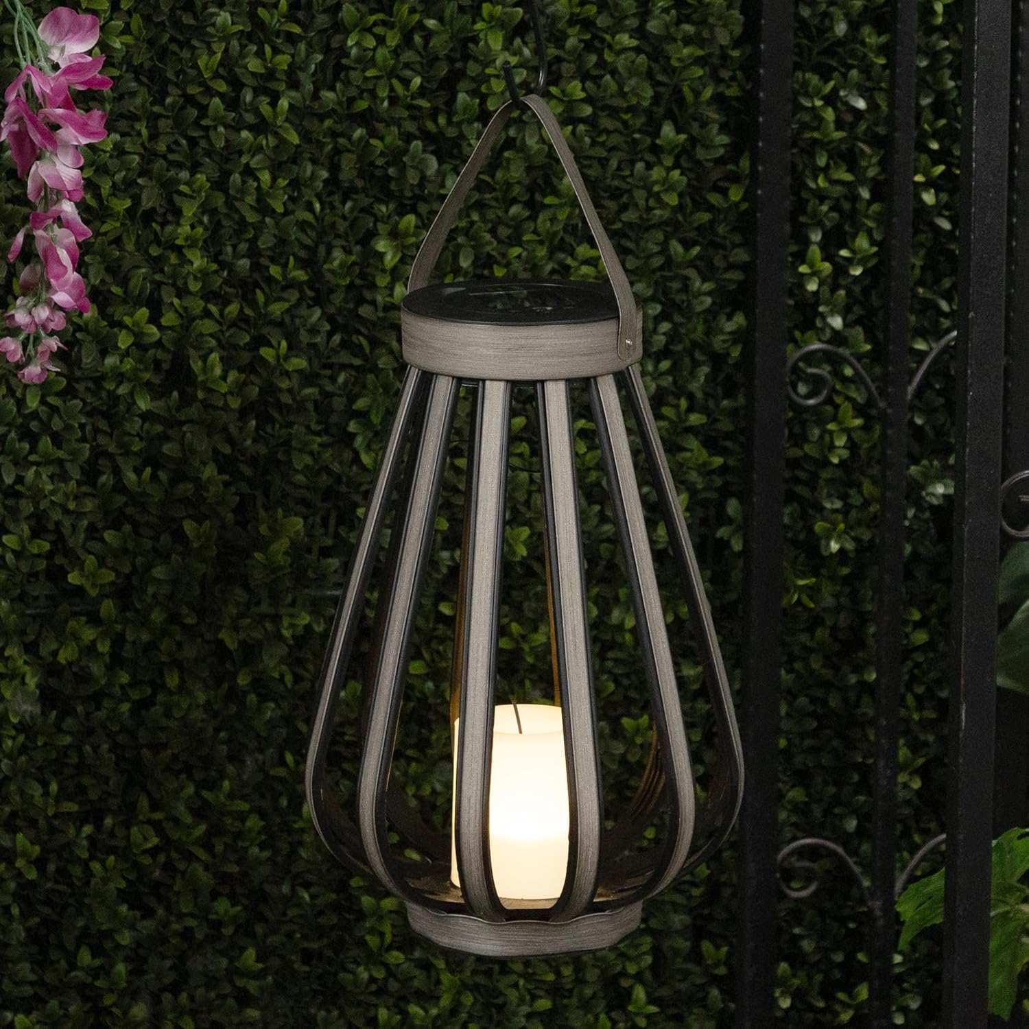 Gray Polypropylene Solar Lantern with LED Light, 18" Height