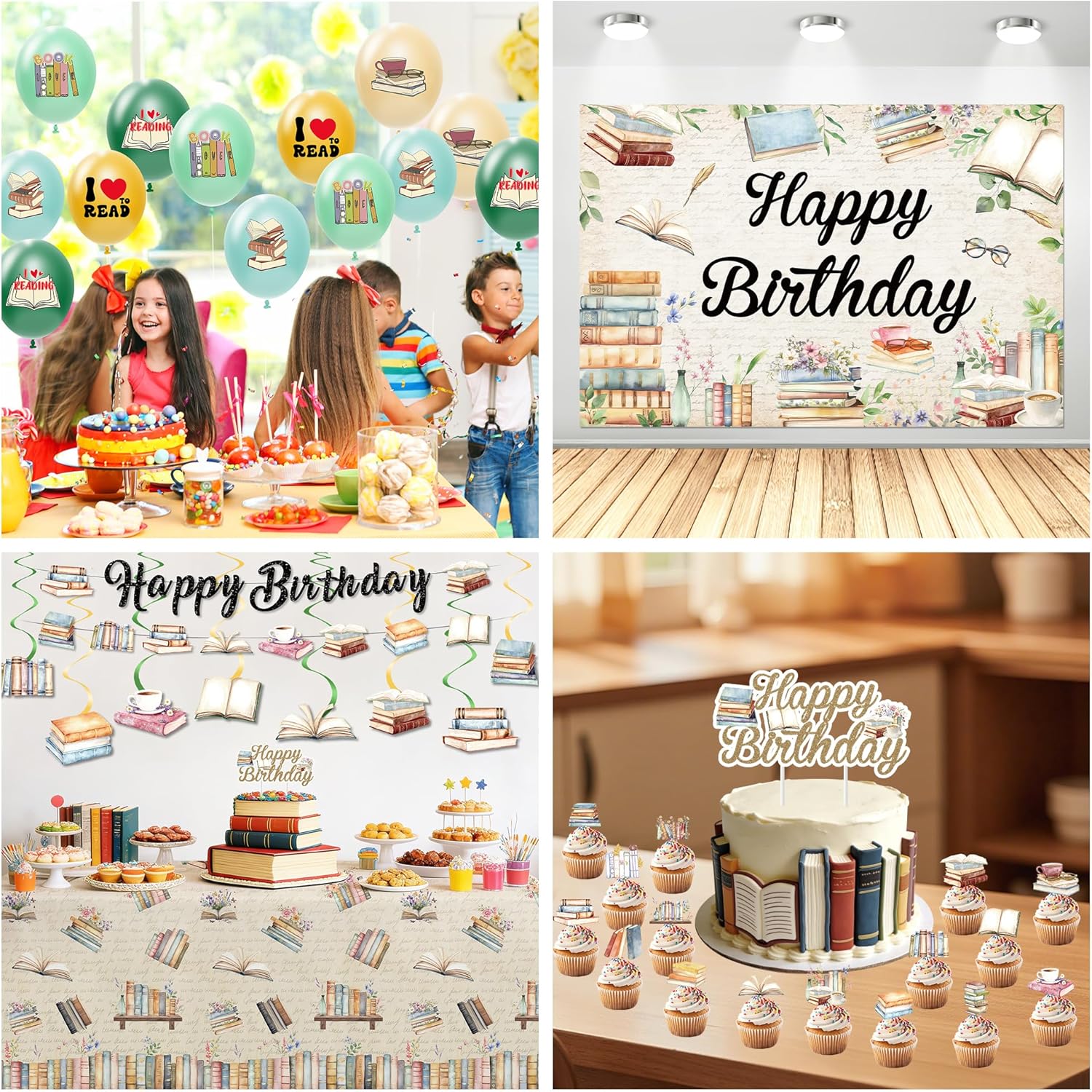 Book Birthday Party Decorations, Retro Library Reading Theme Story Book Club Party Supplies, Plate, Napkin, Cup, Banner, Backdrop, Tablecloth, Balloon, Topper, Swirls, Cutlery, Serves 24