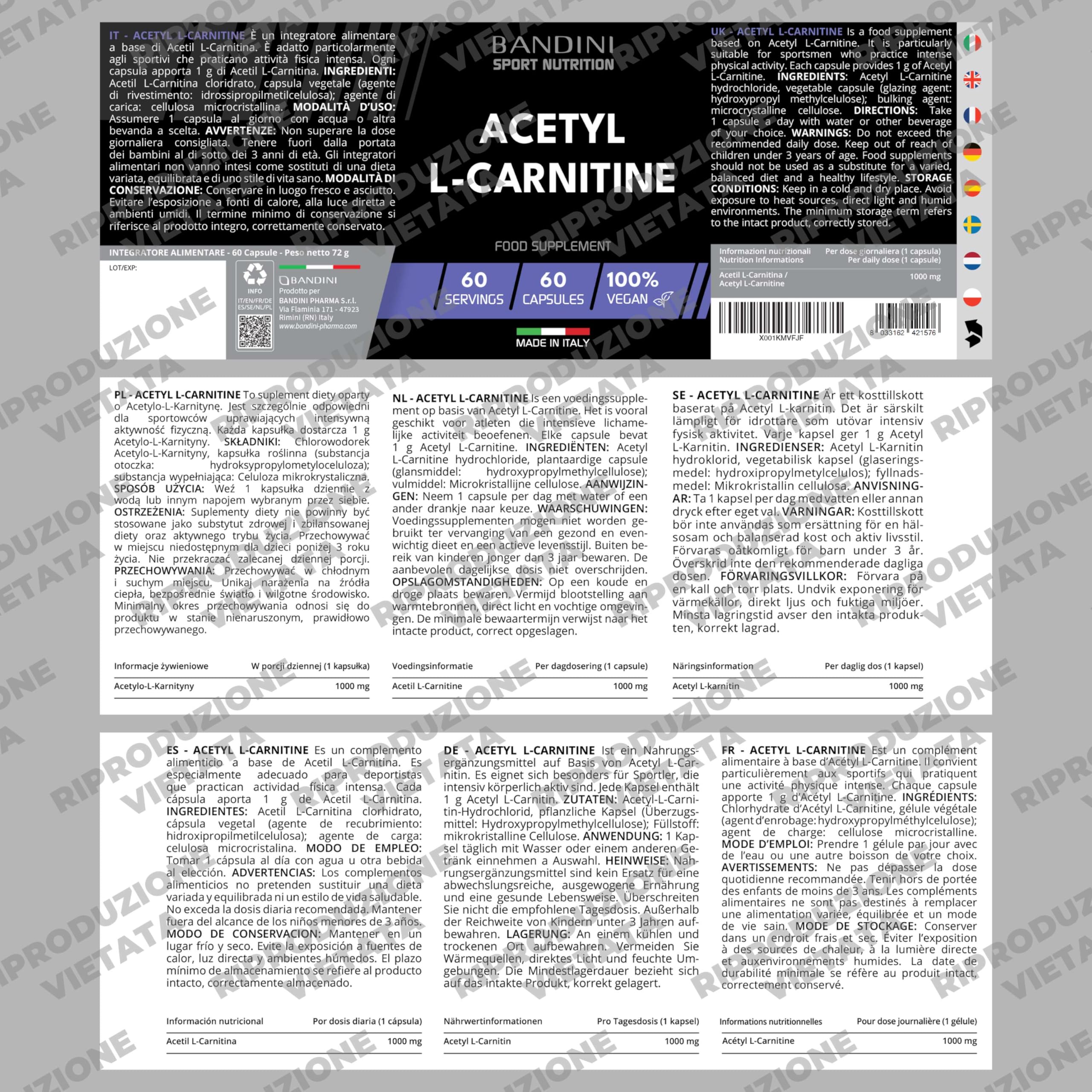 Bandini® Acetil L-CARNITINA 1000 mg (Alto Dosaggio) | Acetyl L-Carnitine per Sportivi che praticano Attività Fisica intensa | Per Palestra, Sport e Allenamento | L Carnitina Vegan, No OGM | 60 Capsule