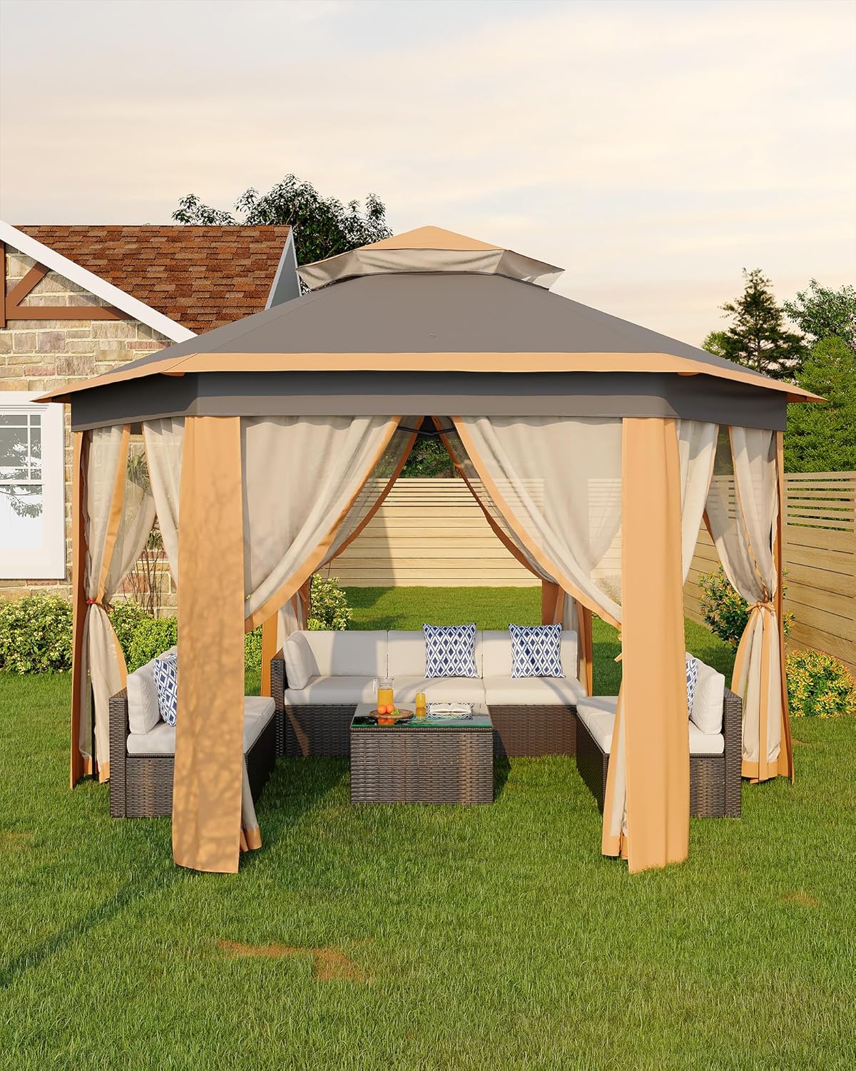 13'x13' Pop-Up Gazebo, Outdoor Hexagonal Patio Gazebo with Mosquito Netting, Instant Setup Canopy Tent with Strong Steel Frame and Sandbags, for Backyard, Gardens, Patio (Khaki)