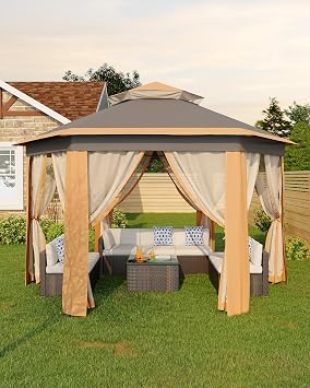 GarveeLife 13x13 Pop-Up Gazebo, Outdoor Hexagonal Patio Gazebo with Mosquito Netting, Instant Setup Canopy Tent with Strong Steel Frame and Sandbags, for Backyard, Gardens, Patio Khaki