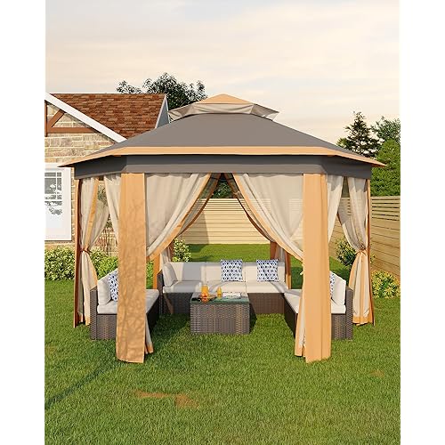 13'x13' Pop-Up Gazebo, Outdoor Hexagonal Patio Gazebo with Mosquito Netting, Instant Setup Canopy Tent with Strong Steel Frame and Sandbags, for Backyard, Gardens, Patio (Khaki)