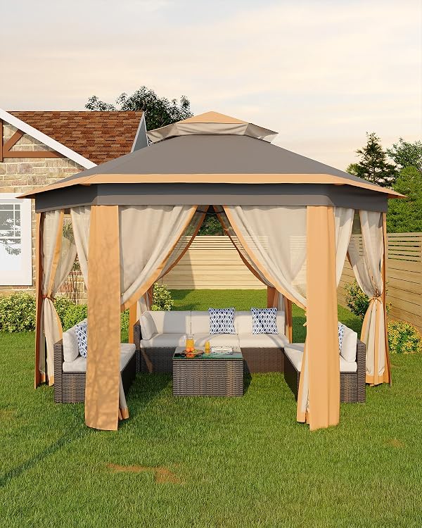 GarveeLife 13'x13' Pop-Up Gazebo, Outdoor Hexagonal Patio Gazebo with Mosquito Netting, Instant Setup Canopy Tent with Strong Steel Frame and Sandbags, for Backyard, Gardens, Patio (Khaki) by GarveeLife - Used condition - US$113.81