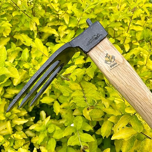 Miniatura 6 de Taladro de mano japonés de 14 pulgadas para jardín, cultivador de 3 púas, sin soldadura, mango de roble, para excavar, preparar el suelo, cortar