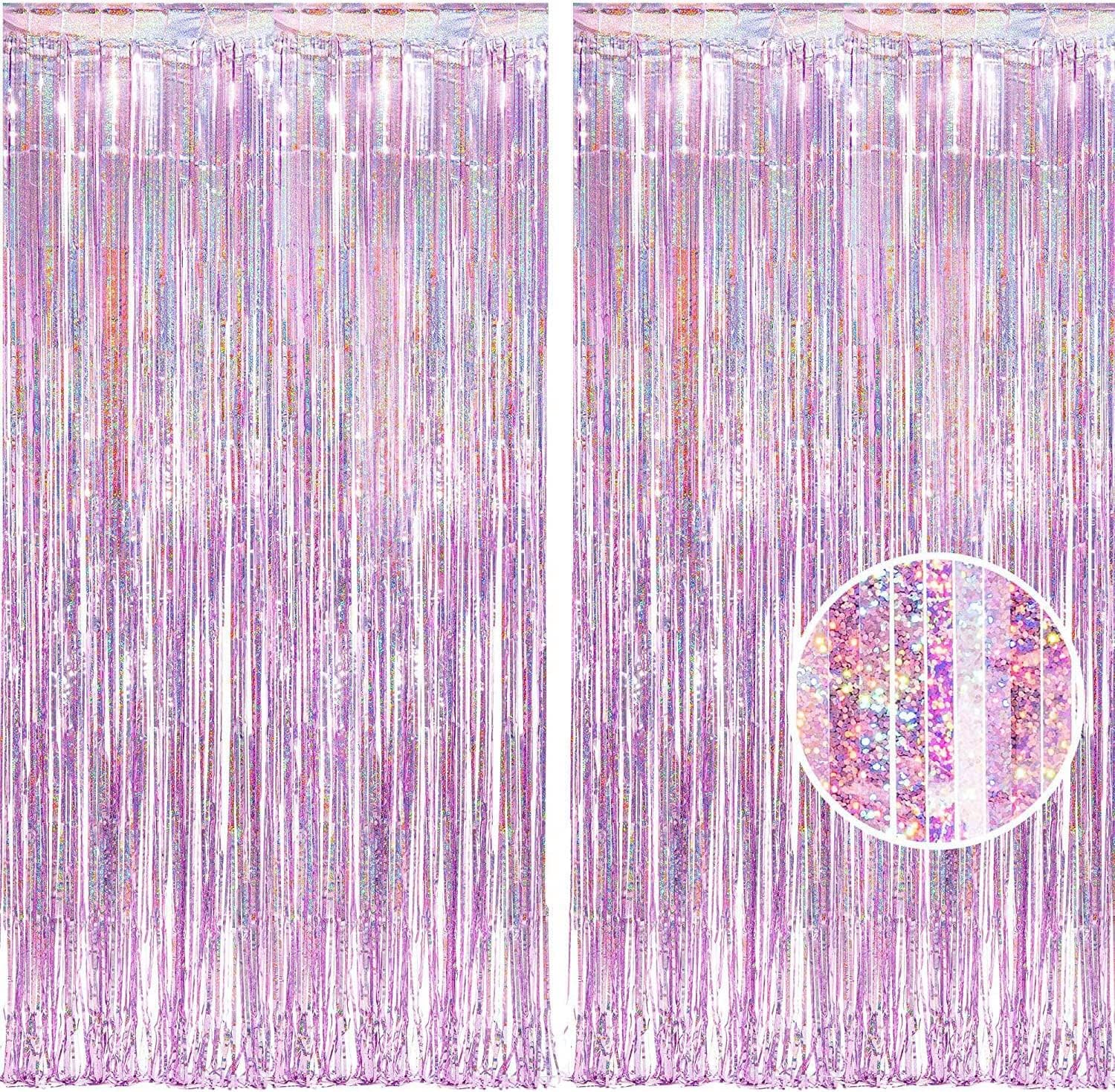 BRAVESHINEPink Glitter Tinsel Foil Fringe Curtains - 2 Pcs 3.2x8.2 ft Metallic Holiday Photo Backdrop for Girl Princess Birthday Wedding Unicorn Bridal Shower Bachelorette Party Supplies Decorations