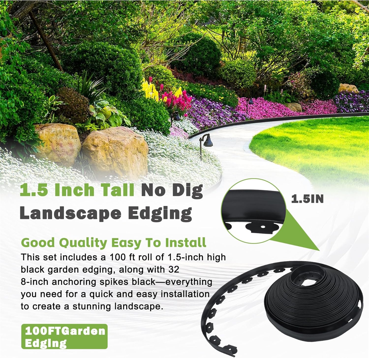 HOSTIC 1.5 Inch x 100 Feet 32 Pack Spikes Outdoor Landscape Border Garden Lawn Flower Bed Edging Stakes for Flower Bed Pathway and Yard Black