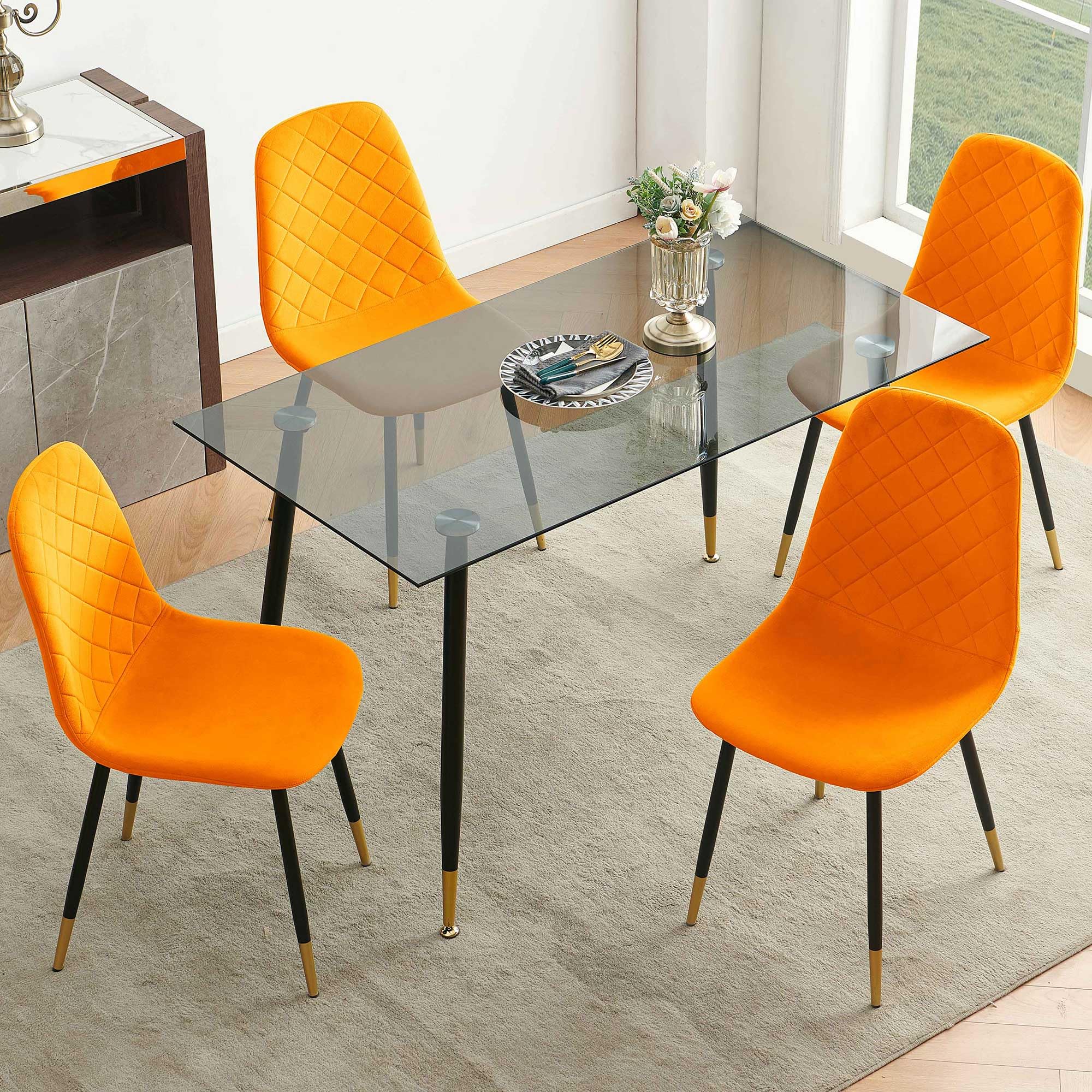 NORDICANA Grey Glass Kitchen Table Set with 51 in Table and Velvet Chairs for 4, Solid Back Support, Orange Accents