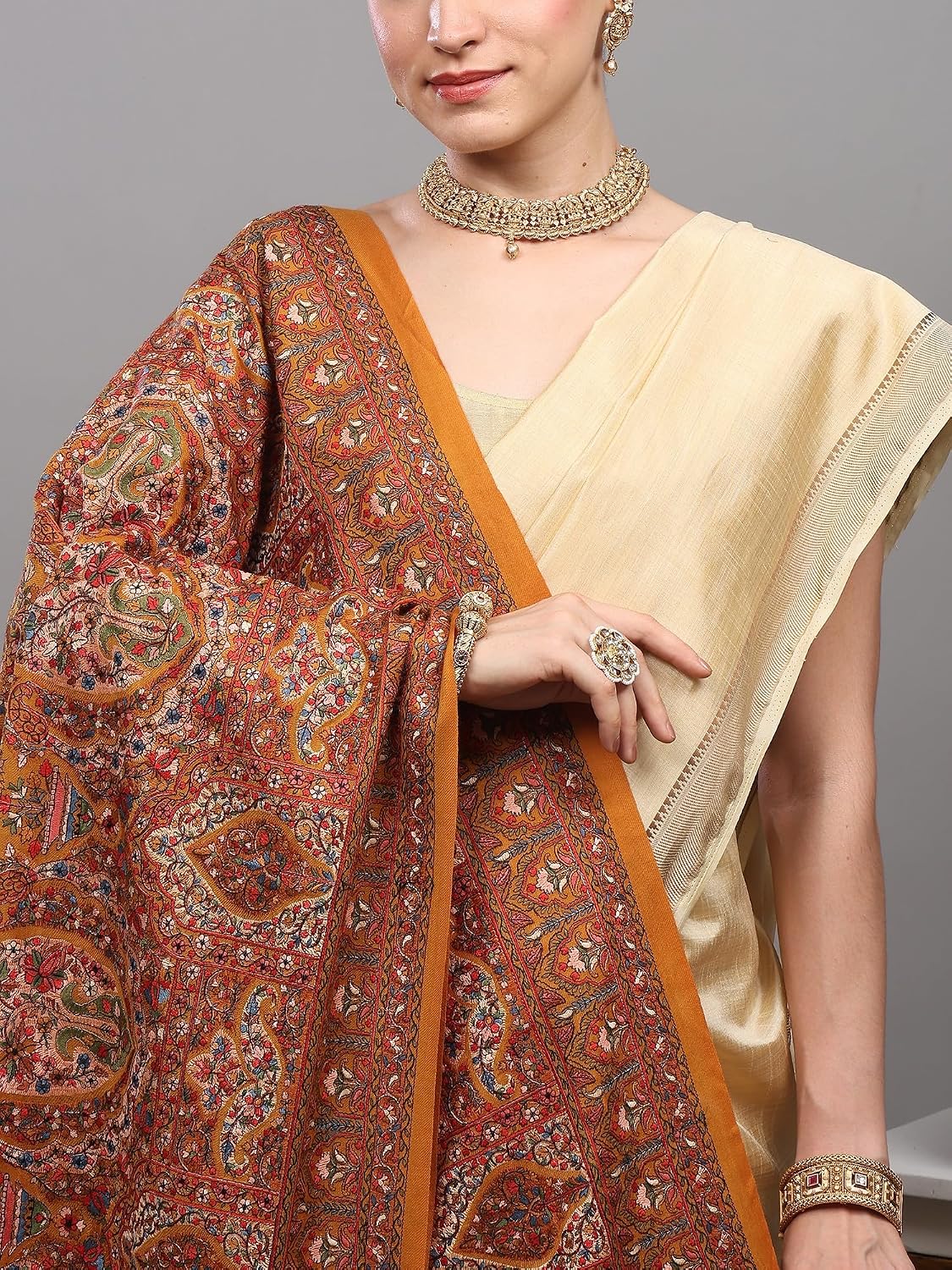 Exotic India Pure Wool Shawl with Multicolor Floral and Paisley Embroidery Luxury Kashmiri Style Winter Wrap for Women's