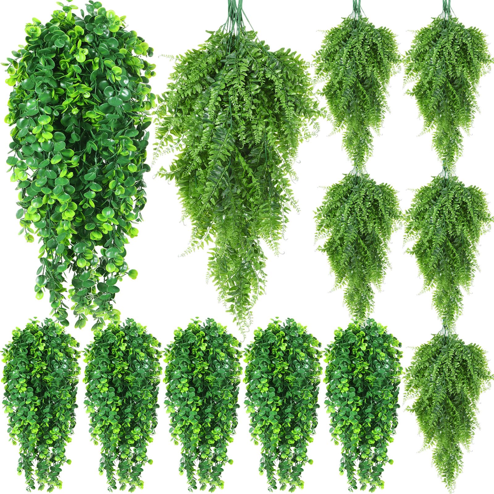 Photo 1 of Hoteam 12 Pcs Artificial Hanging Plants 32 Inch Fake Ivy Vines with Fake Leaves Patio Artificial Plants Greenery for Living Room Indoor Outdoor Wall, No Basket (Eucalyptus,Persian Grass)