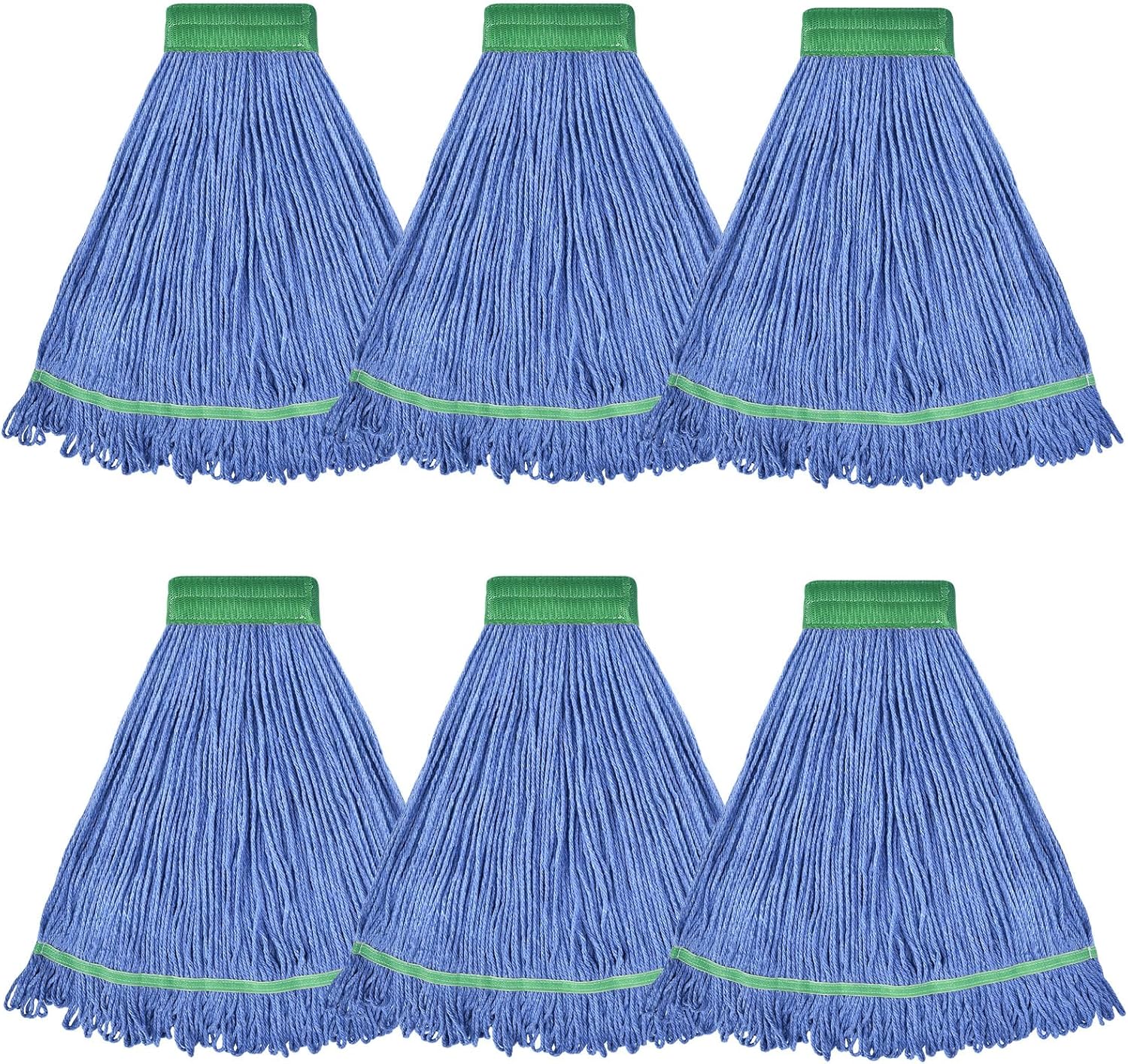 Onesimus 24 oz Heavy Duty Mop Head Replacement, 5 Inch Headband for Quick Change Handle, Blue Loop-End Cotton Blend String Wet Dry Floor Mop Refill Commercial Cleaning Supplies, 6 Pack Large