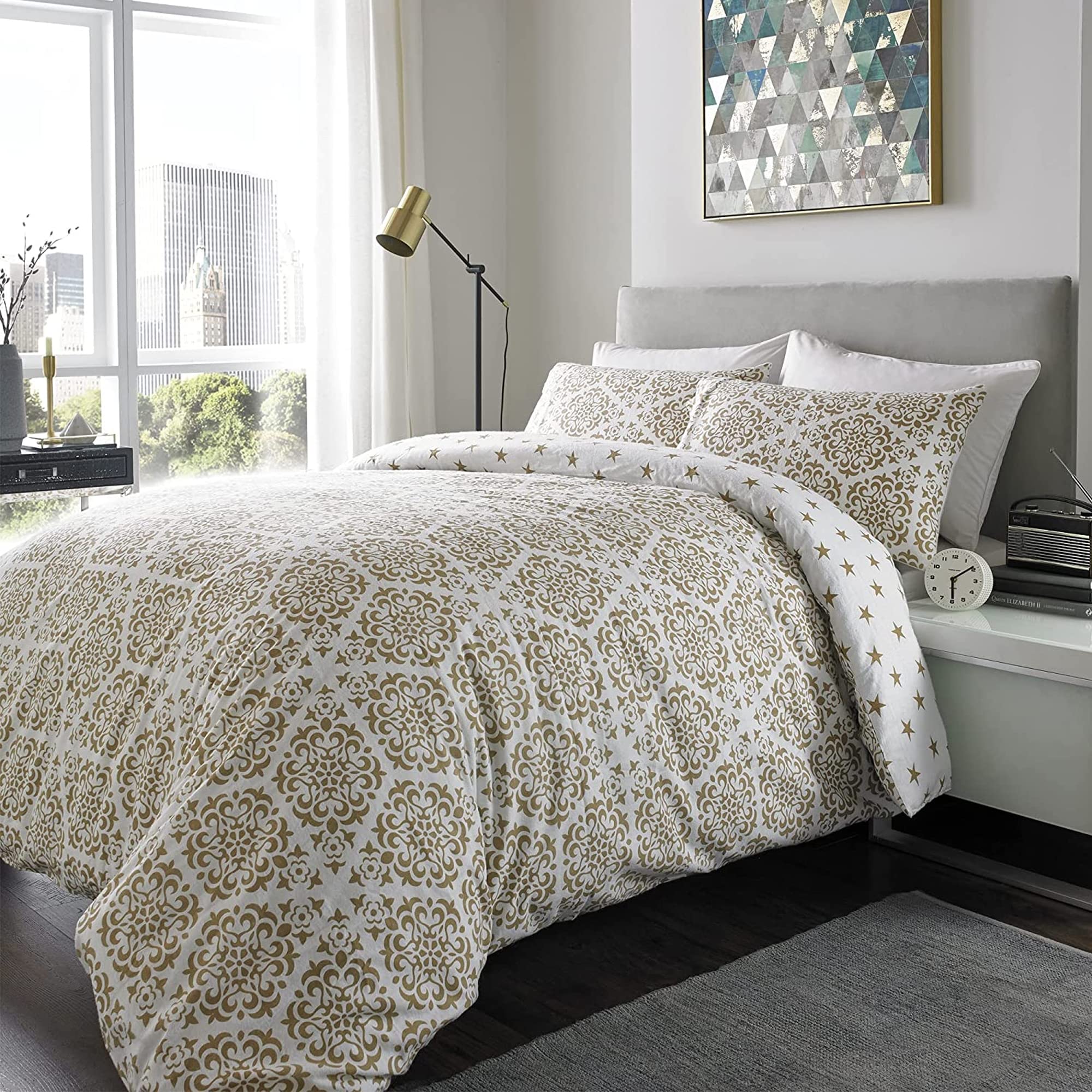 ED Flannelette Printed Duvet Cover Set | 100% Brushed Cotton Flannel Fleece | Reversible Bedding Quilt With Pillowcases (Mocha Stars, Double)