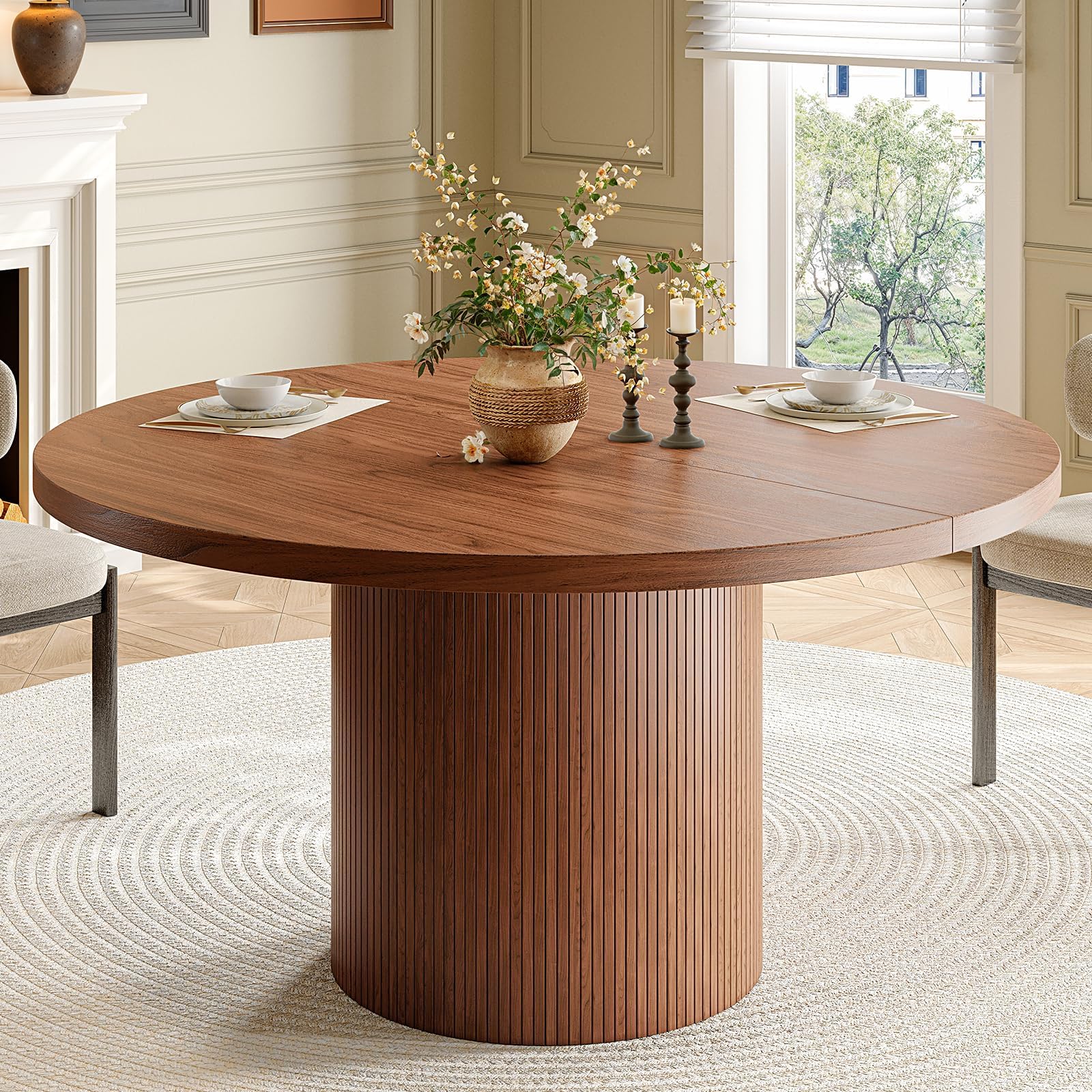 47 inch Round Dining Table for 4, Circle Kitchen Table with Wood Strip Base, Modern Farmhouse Dinner Tables for Kitchen, Living Room (Walnut)