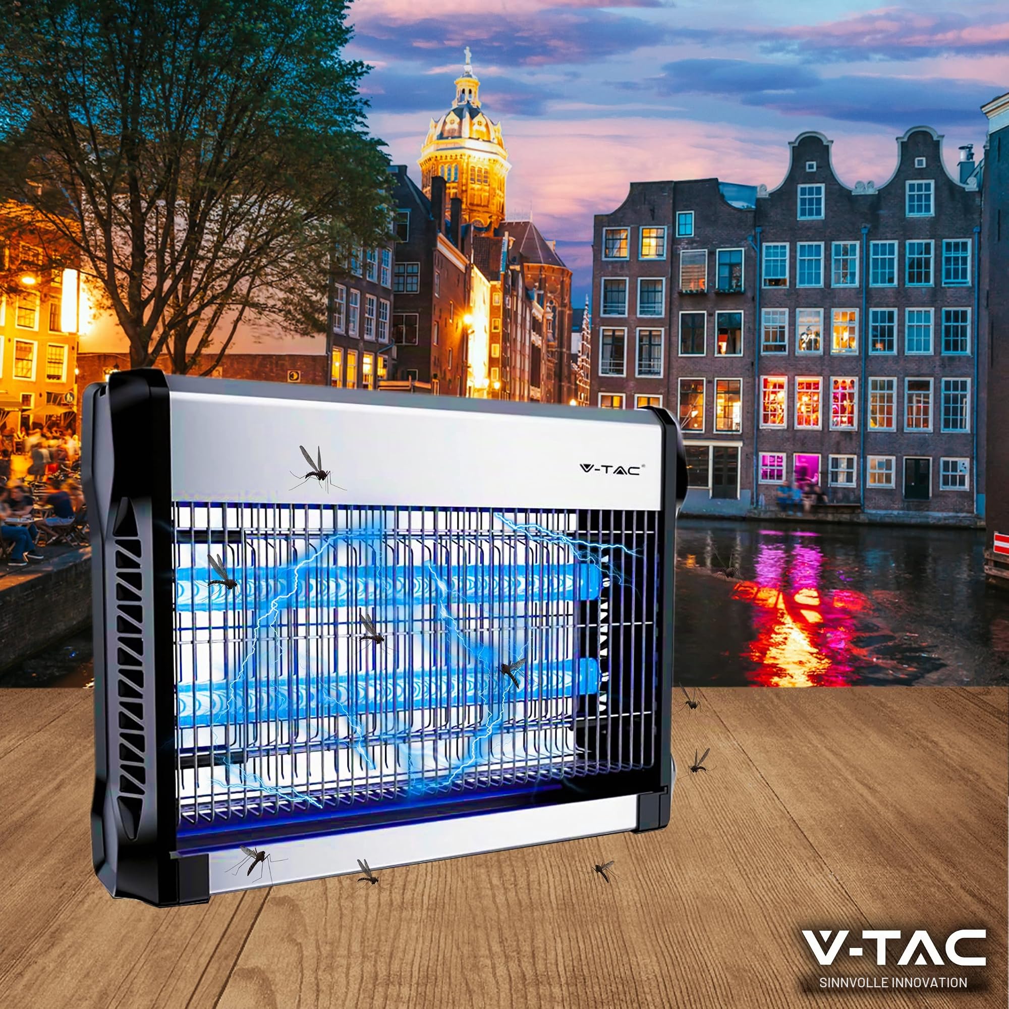 V-TAC Insektenvernichter Elektrischer 20 W mit 80 m² effektiver Fläche – schlankes Design – Moskitonetz mit UV-Blaulicht für den Innen- und Außenbereich – elektrische Falle gegen Mücken und Insekten