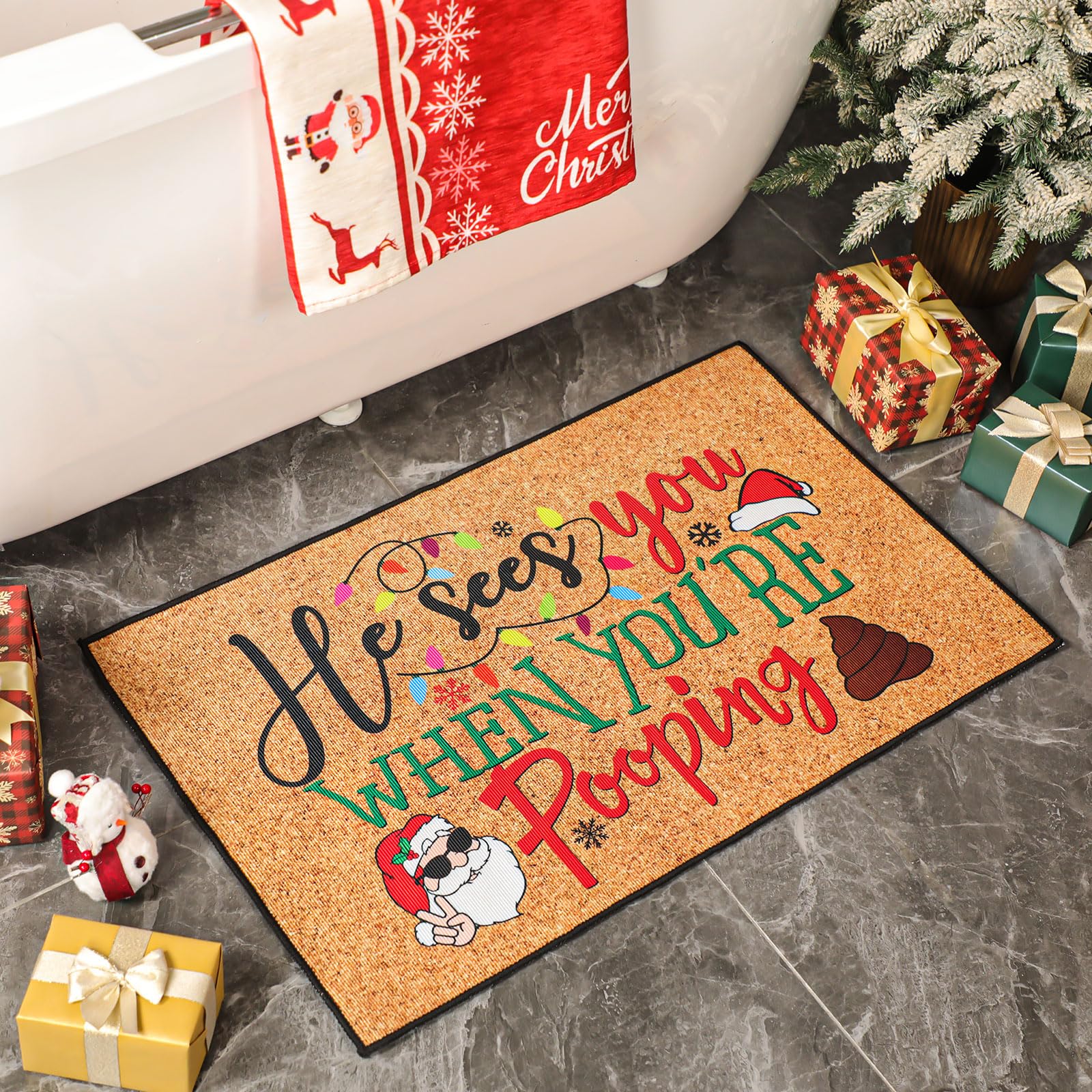 Breling 1 Pcs Christmas Bathroom Rug Funny He Sees You When Youre Novelty Xmas Bathroom Mat Decorations Non-Slip