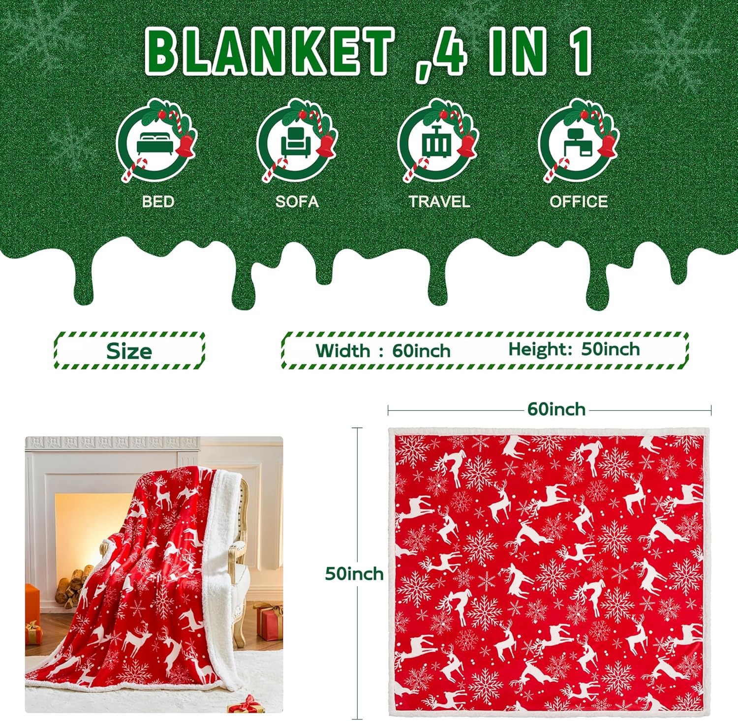 Christmas Throw Blanket, Christmas Decorations Gifts for Women, Sherpa Flannel Fleece Winter Holiday Blanket, Fluffy Cozy Soft Christams Throws for Couch Sofa Bed, Reindeer Stars, 50" X 60" - Image 4