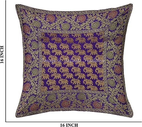 Miniatura 2 de Infinite Tradition Funda de almohada de seda de brocado para sofá indio de 16 x 16 pulgadas, diseño único de jacquard morado dorado para decoración