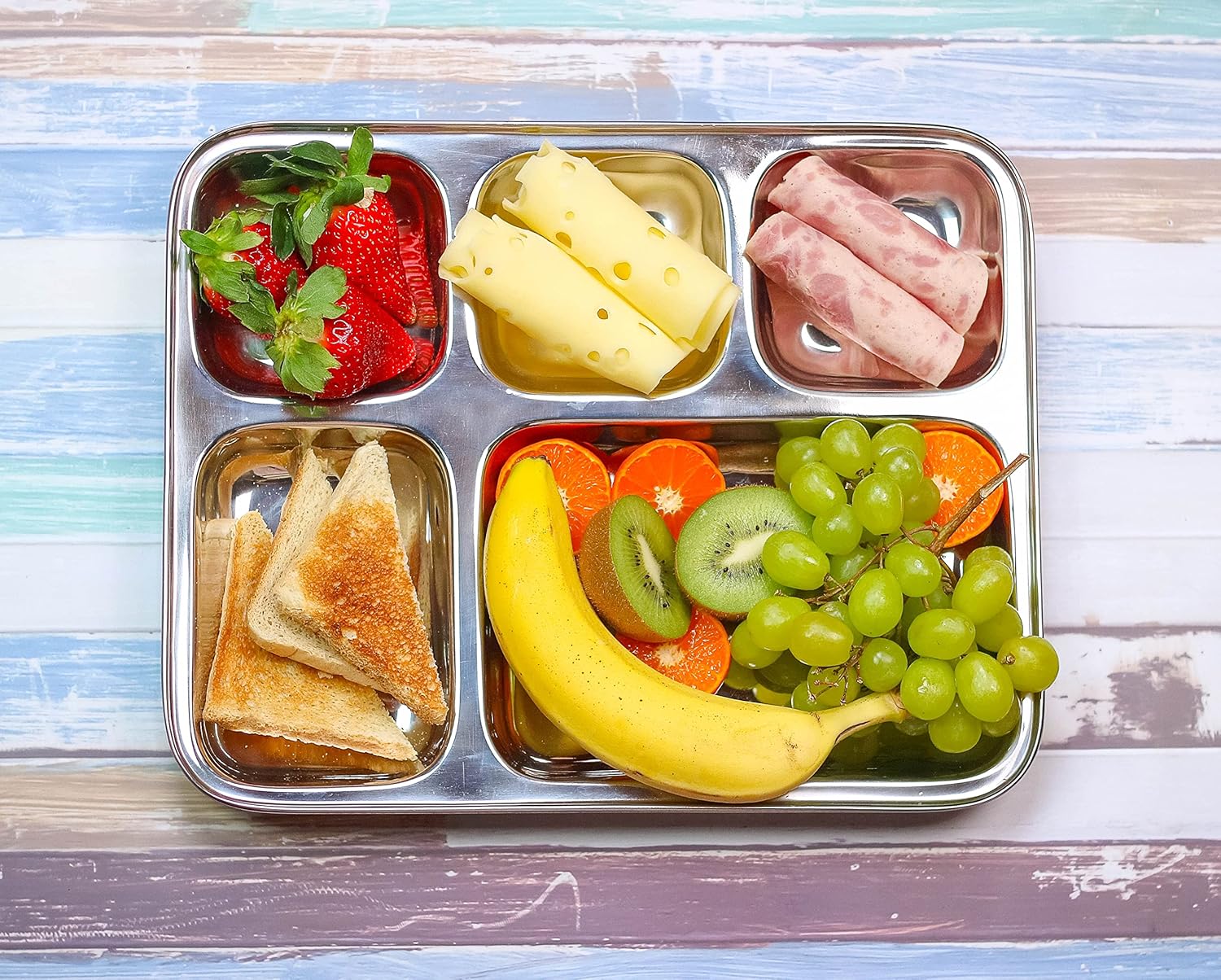 ecozoi Stainless Steel Divided Plates Set of 2 - Extra Large, Deep 5 Multi Compartment Serving Tray with Divider - Full Meal Size, Portion Control Dinner Plates for Kids and Adults - Image 2