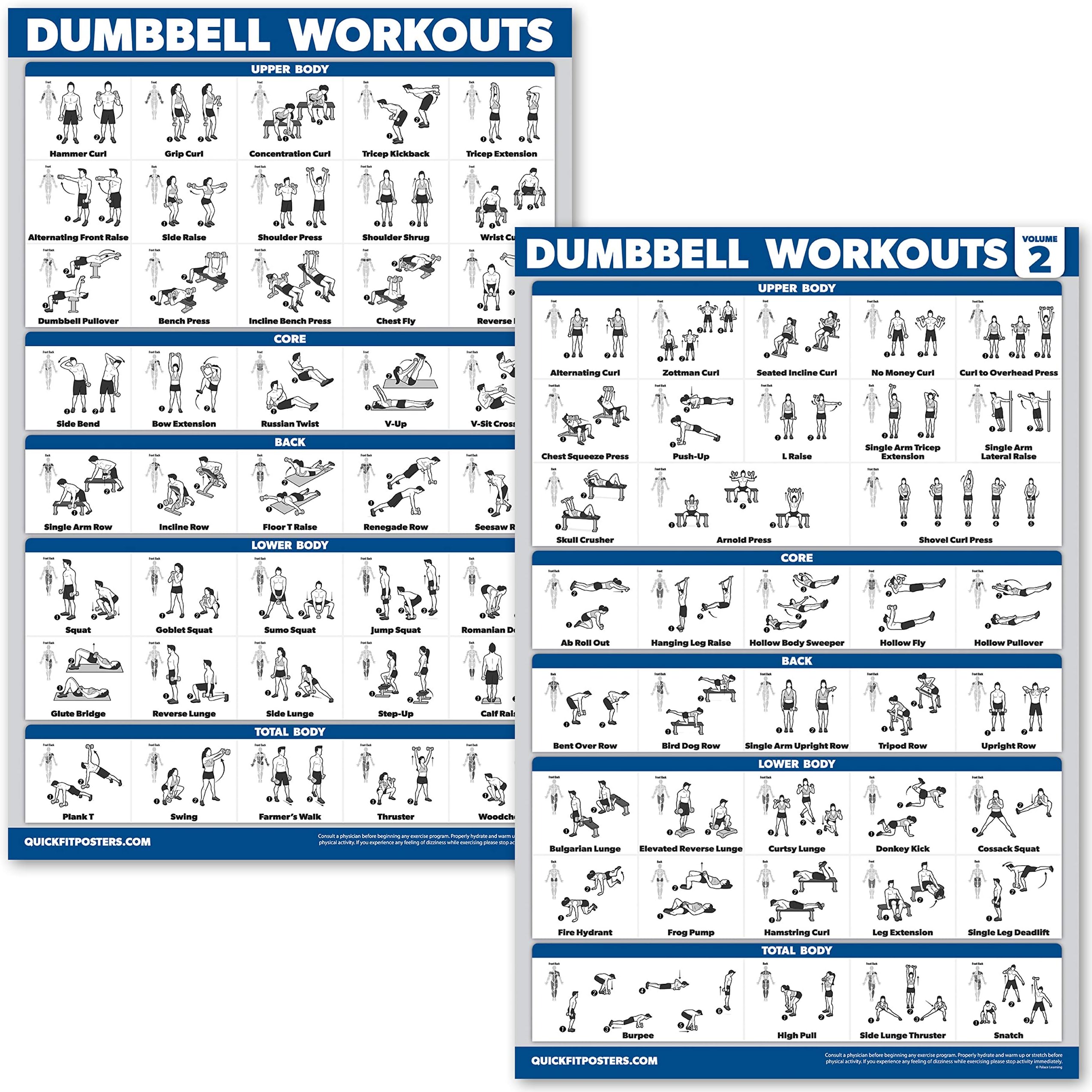 QuickFit 2 Pack Dumbbell Workout Exercise Poster - Volume 1 & 2 - LAMINATED 18" x 24"