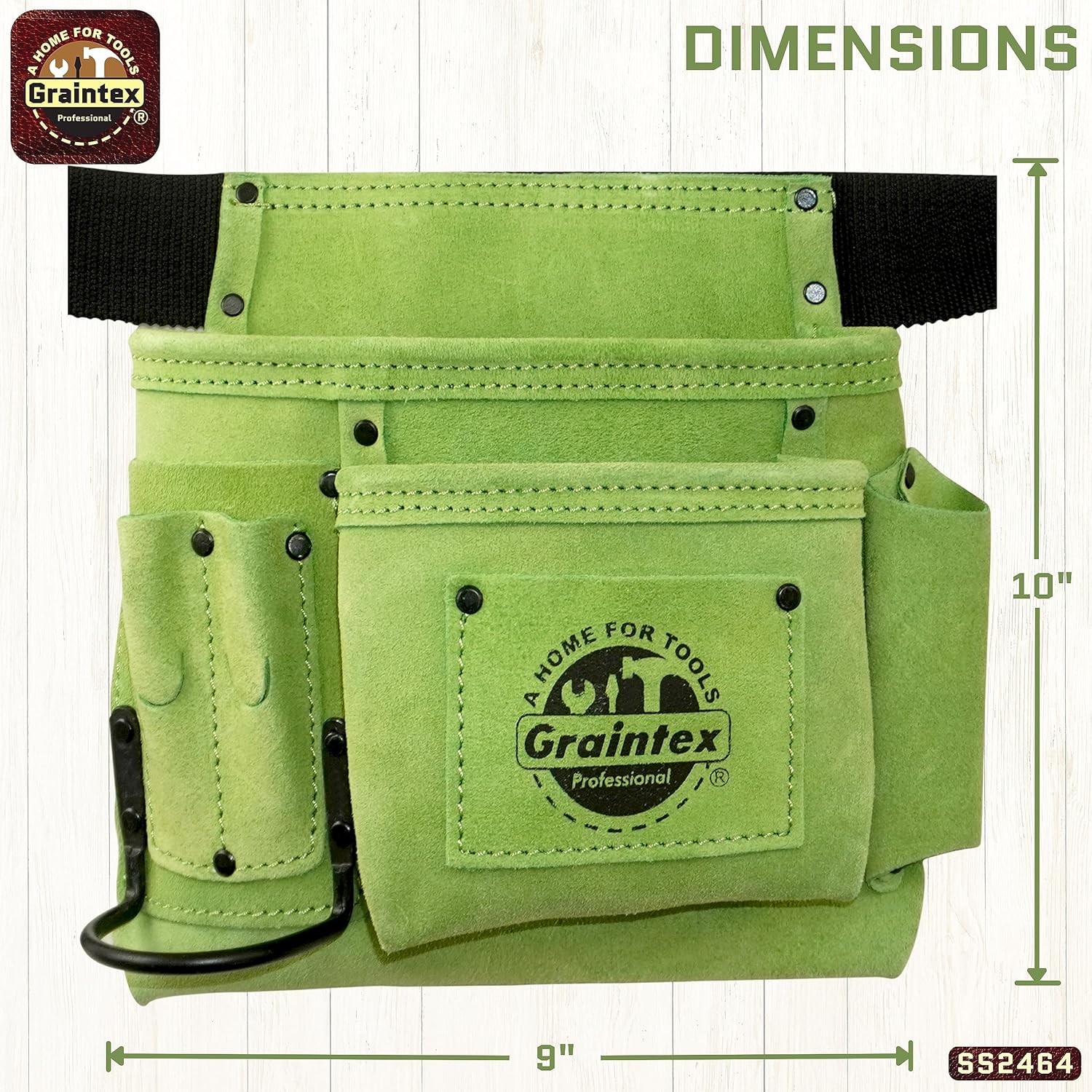 Graintex 5 Pocket Suede Leather Tool Belt/Bag | Lime Green | Multipurpose Leather Tool Belt for Women and Men | Construction, Electrician, Handymen, Carpenter, Gardening Pouch and DIY Projects