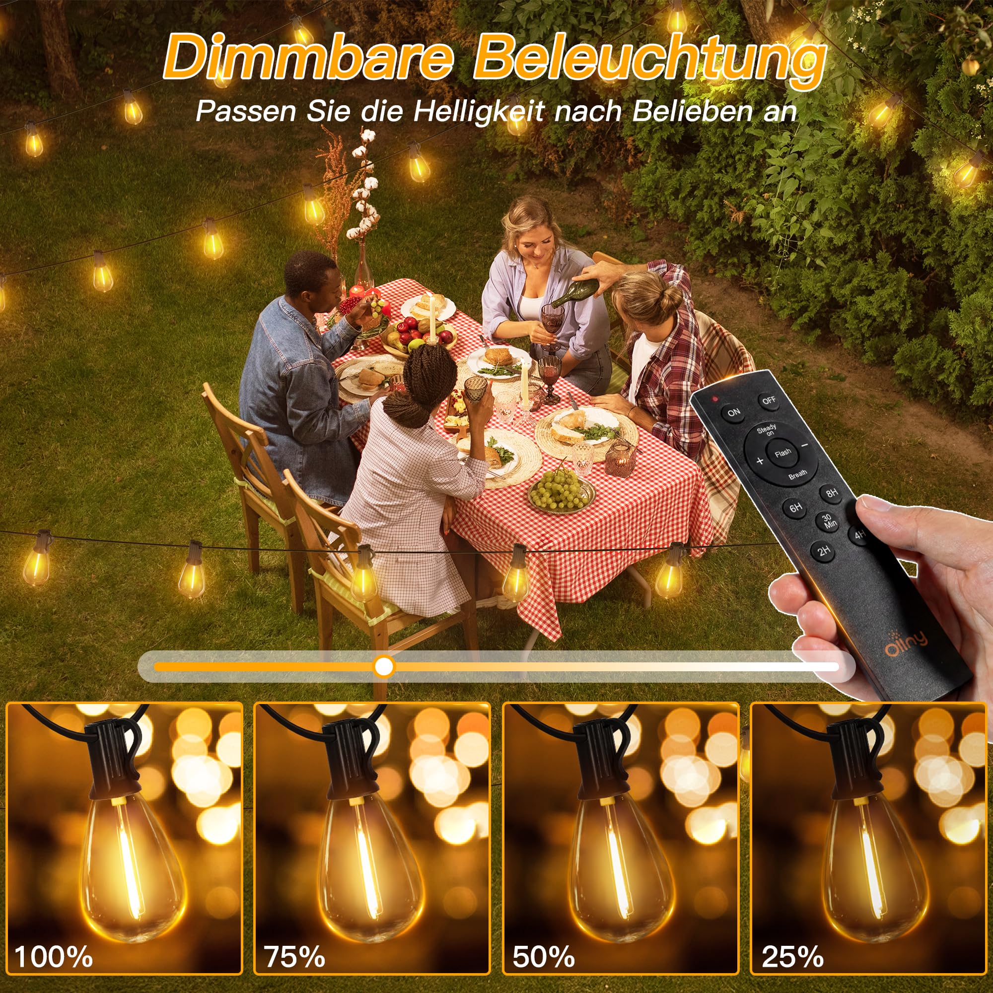 Ollny Cadena de luces solares para exteriores, 30 m, 35 + 2 bombillas LED, funciona con energía solar, S11, iluminación exterior con mando a distancia, 3 modos, función de temporizador, IP65