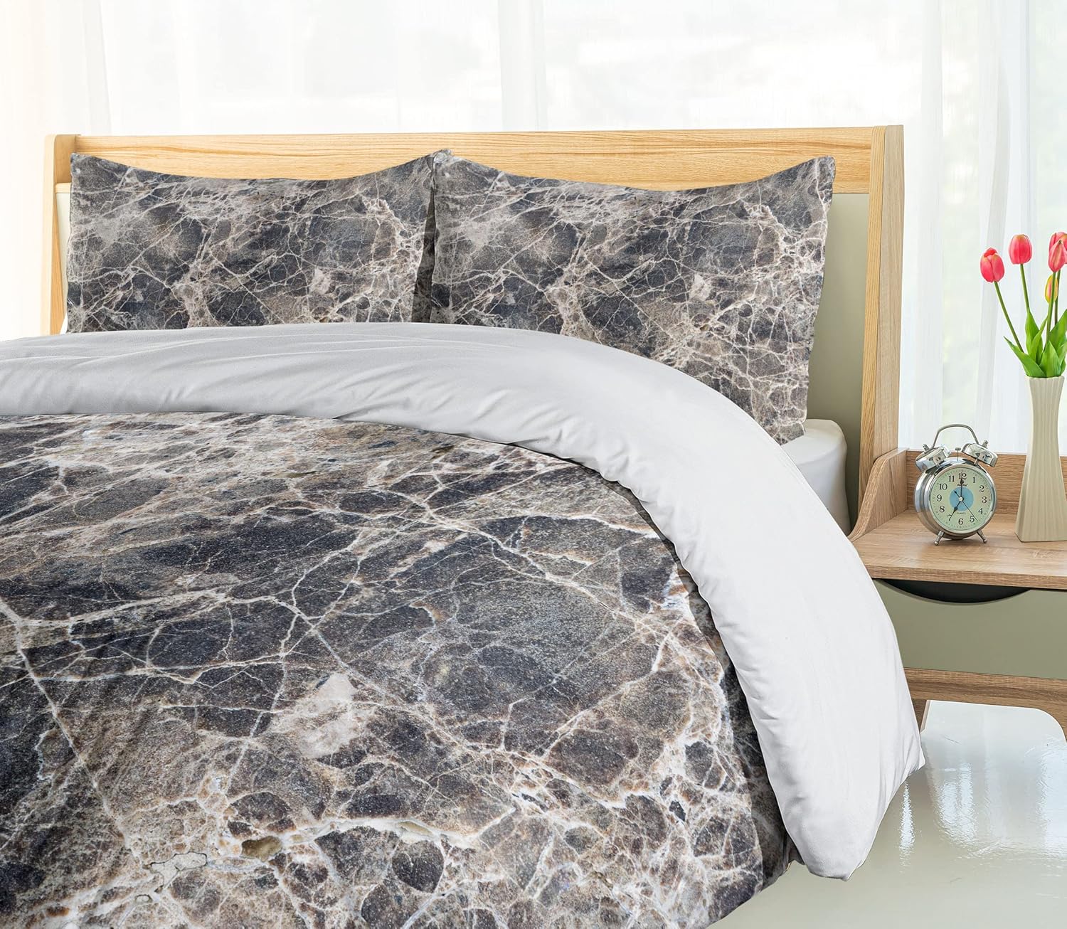Ambesonne Marble Duvet Cover Set, Ceramic Style Grunge Scratches with Formless Lines and Cracks Artwork, Decorative 3 Piece Bedding Set with 2 Pillow Shams, King Size, Beige Taupe