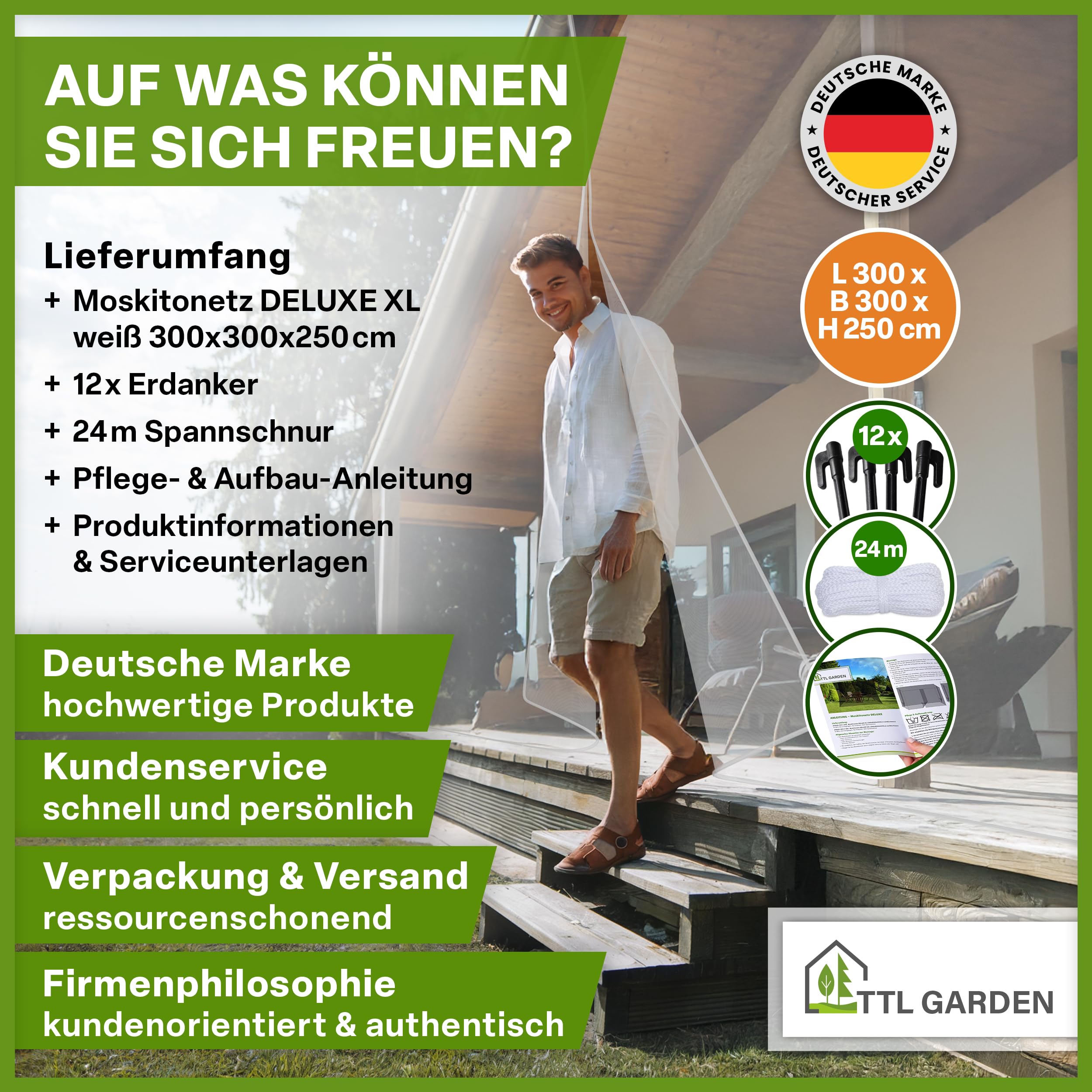 TTL GARDEN Zanzariera Deluxe XL 300x300x250cm bianco - a maglia fine 0,07mm - Zanzariera con 2 ingressi - resistente agli strappi UV-stabile & traspirante - Protezione dagli insetti e dalle zanzare