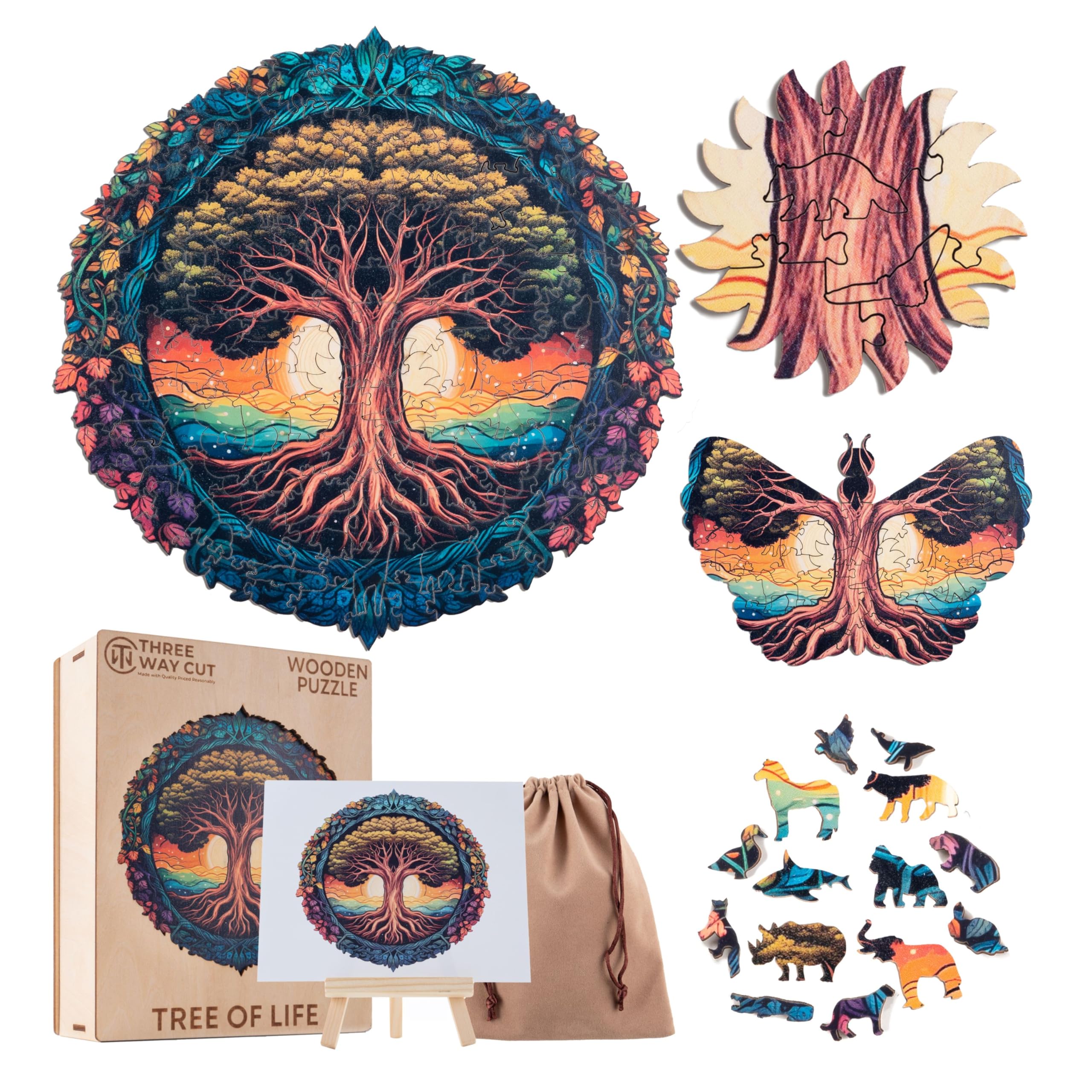 Wooden Jigsaw Puzzle For Adults - 3-in-1 Tree Of Life Unique Design, Animal Shapes Mandala Fantasy Pieces, Adult Elderly Wood Puzzles Box Gift, Fun Large Family Cool Brain Teasers Game (Medium 200pcs)