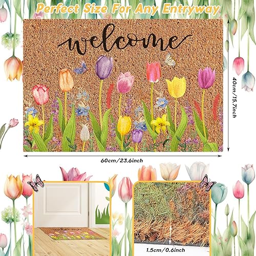 Miniatura 3 de Ceenna Tapete de bienvenida de primavera para interiores, tapete de fibra de coco con mariposas y flores, tapete antideslizante para porche