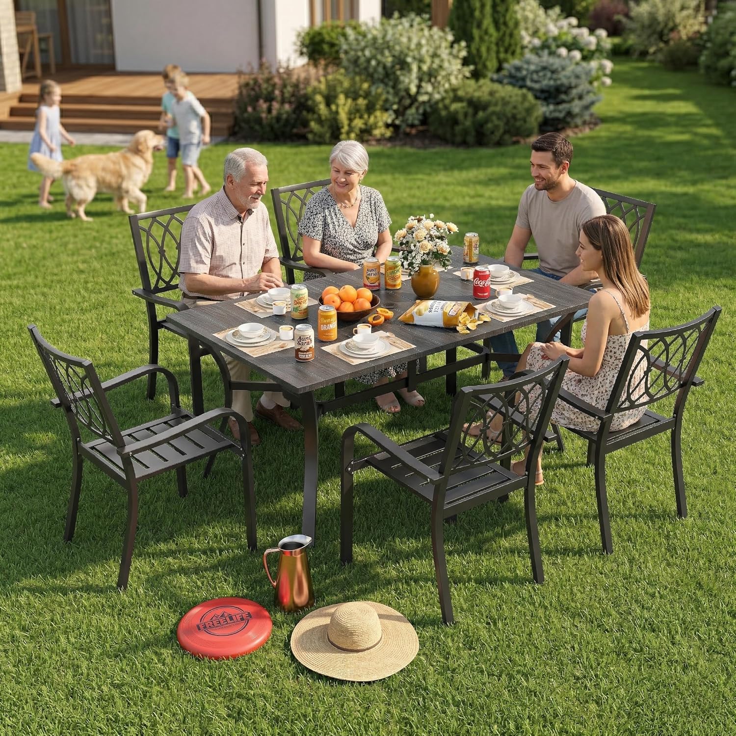 7-Piece Outdoor Patio Dining Set, 63" Rectangular Metal Table with Umbrella Hole and 6 Chairs, Rustproof, 350 lbs Capacity