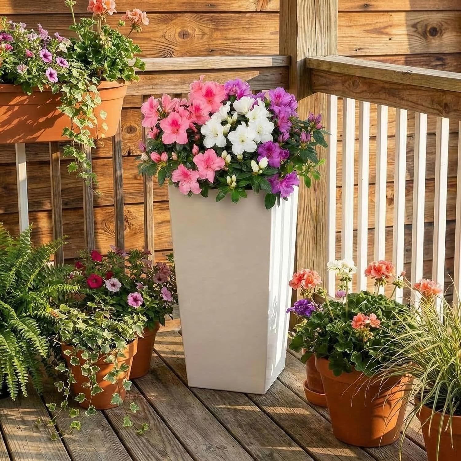 30" Tall Planter Pots Set of 2 - Modern Indoor/Outdoor Planters with Self-Watering Feature & Drainage System, White