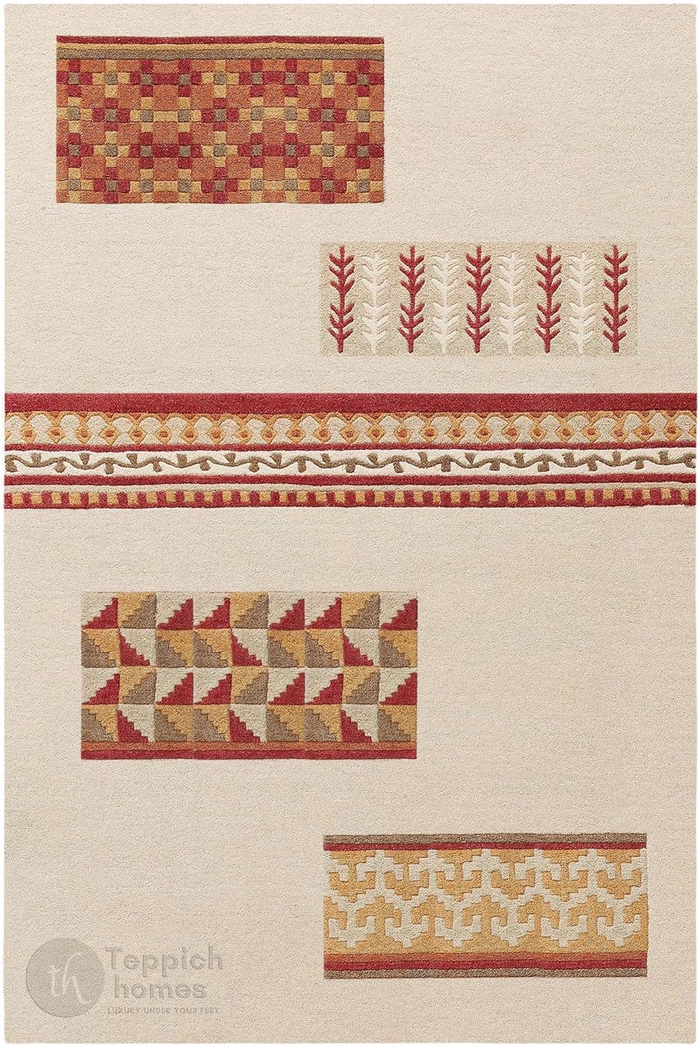 Handmade Hand-Tufted Wool Area Rug, Modern Geometric Motifs Ethnic Patchwork Multicolor Carpet for Living Room Bedroom Dining 7x10, 6x9, 8x10, 9x12 Sizes