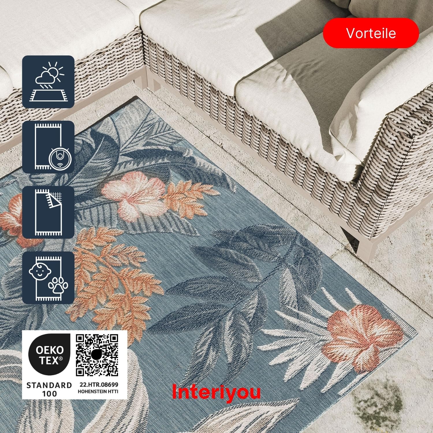 Interiyou Outdoor Teppich Wetterfest Florenz - 200x300 cm Multicolor - Wasserfest für Balkon, Terrasse, Garten - Outdoorteppich passend auch für Wohnzimmer, Schlafzimmer und Küche - Aussenteppich