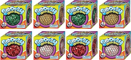 JA-RU Pelota de malla Smoosh grande y pesada (8 bolas de colores surtidos) bola blanda con red para personas fuertes. Pelota antiestrés de terapia