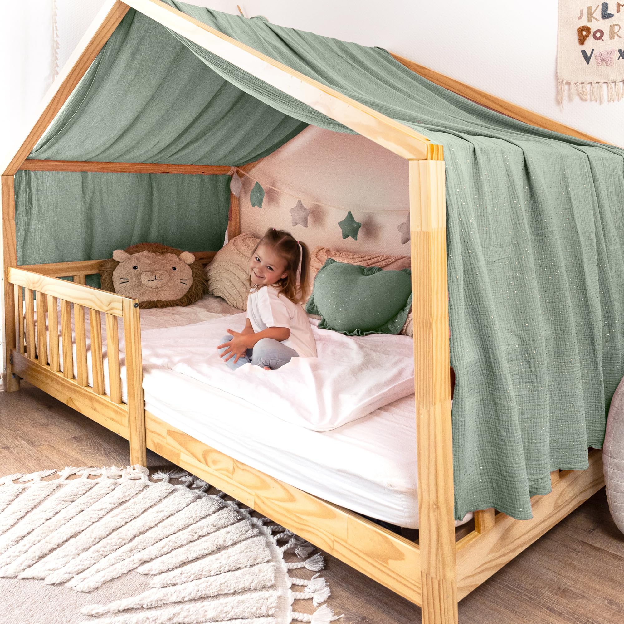 lilimaus Ciel de lit en mousseline 100 % coton fait à la main - Ciel de lit décoratif pour lit de maison fille et garçon - 100 x 200 cm - Eucalyptus
