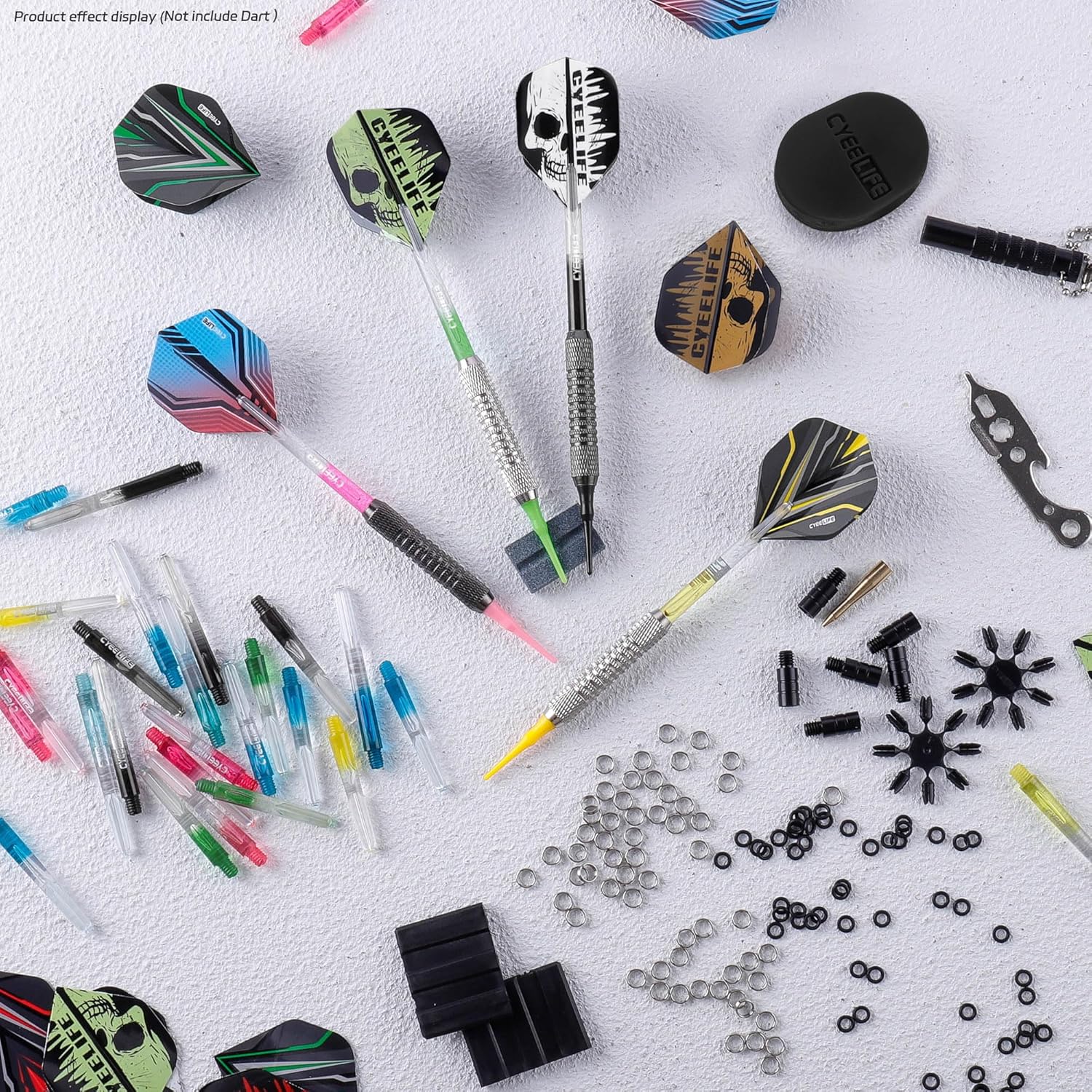 Several assembled darts with different flight and shaft combinations, surrounded by loose dart components, illustrating customization possibilities.