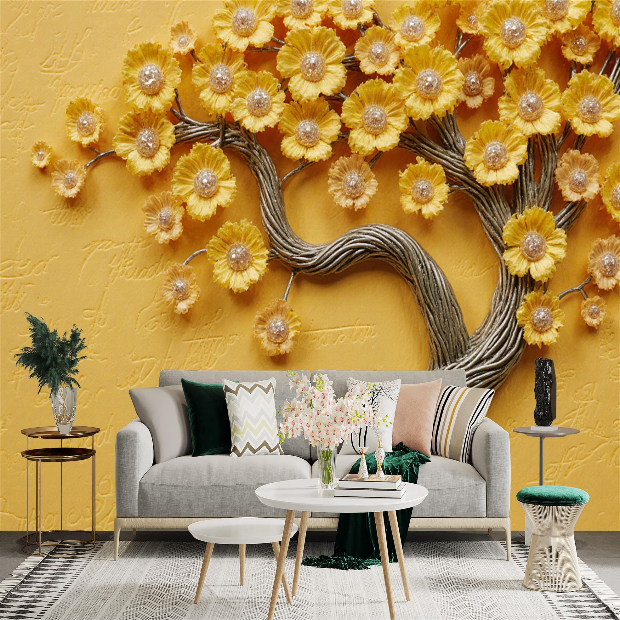 Custom Size Wall Sticker Mural， Textured Yellow Blossoms， Metallic Silver Tree Branches， Elegant Floral Art， Artistic Calligraphy Background， for wall Decoration， peelandstick wall Decals.
