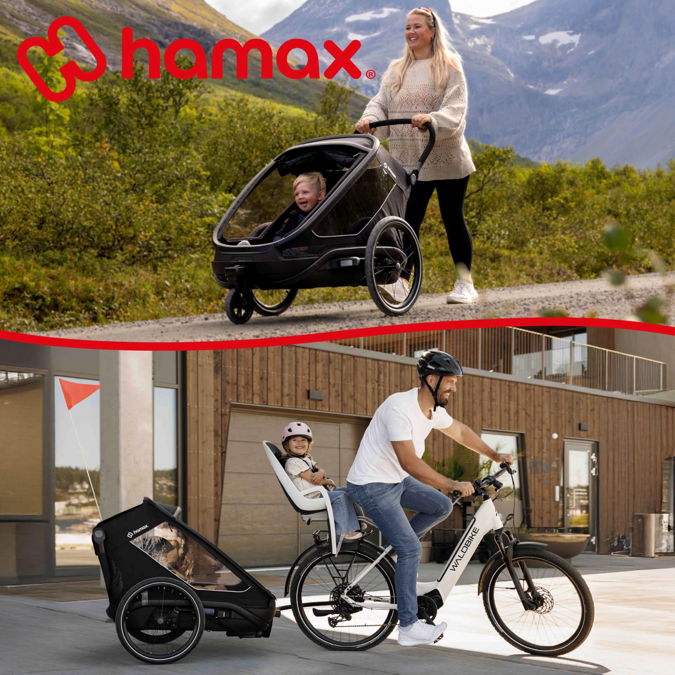 Hamax Outback Next Remorque Vélo Enfant 2 Places, Sièges Inclinables 4 Positions, Suspension Intégrale, Pliable, 40 kg