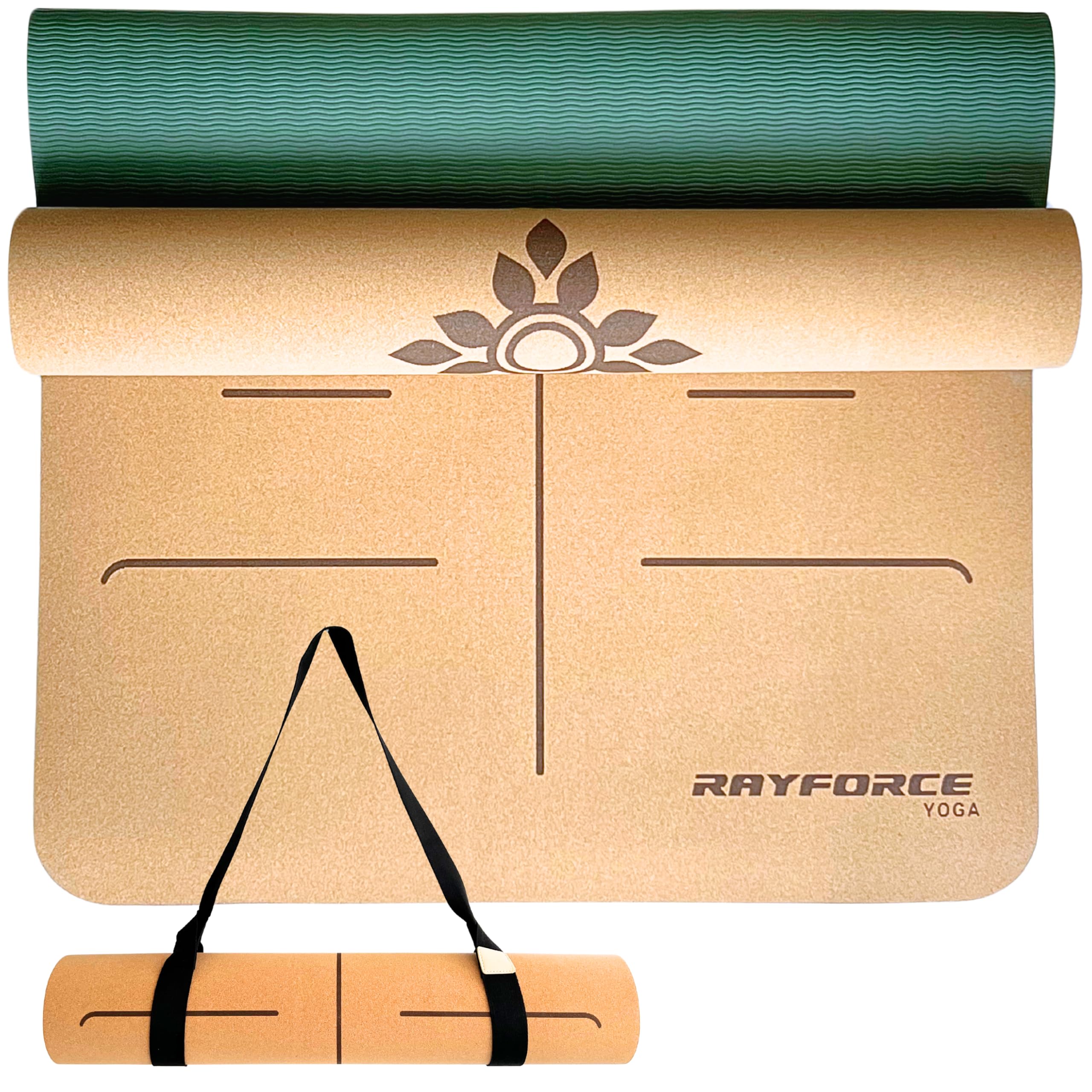 Premium Cork & Rubber Yoga Mat – Eco-Friendly Non-Slip, Sweat Resistant Mat with Alignment Lines, 6mm Thick for Joint Support – Sustainable & Biodegradable, Ideal for Hot Yoga, Pilates & Fitness / (Green)