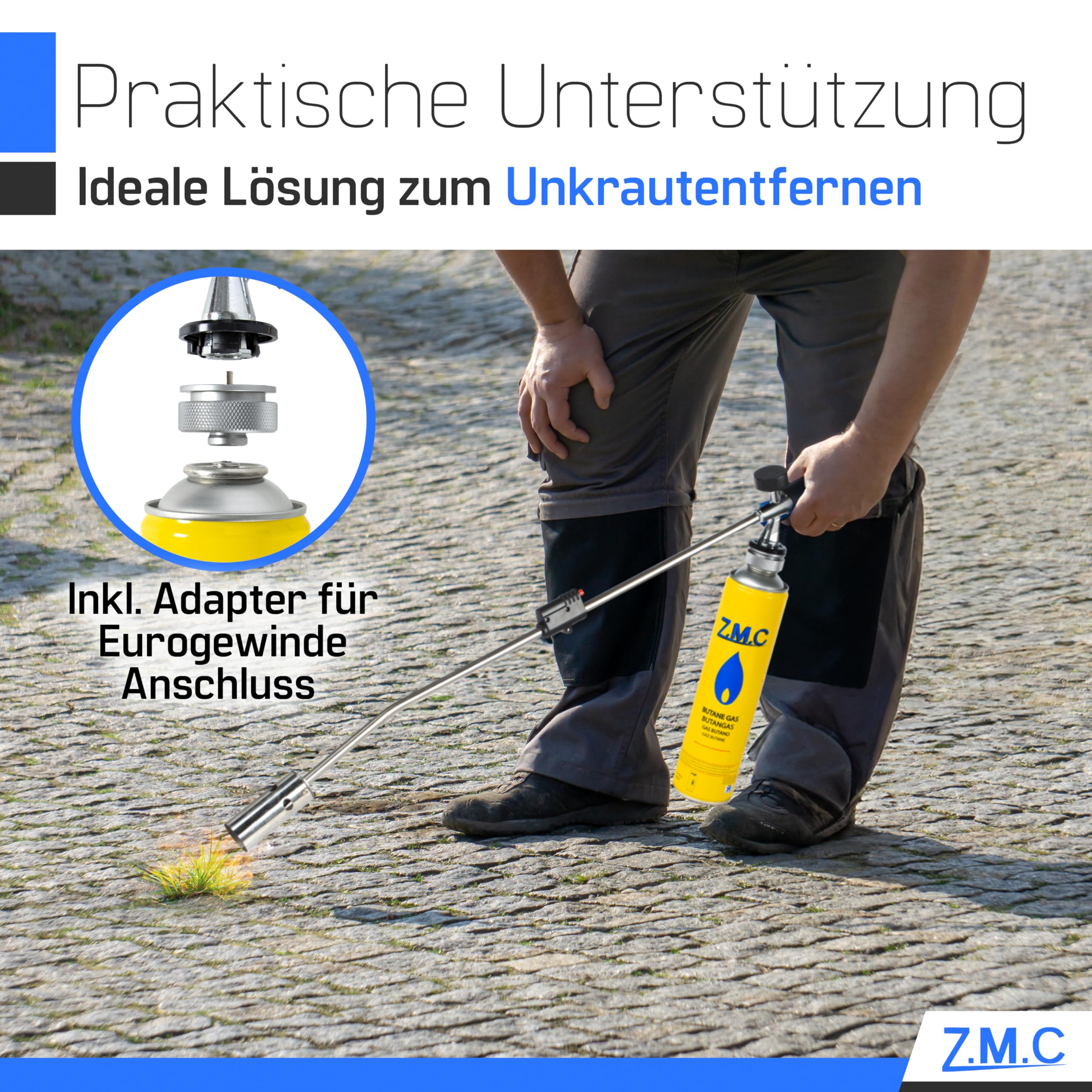 ZMC - Herbicida de 2,5 kW + 4 cartuchos de gas de 330 g, incluye adaptador para rosca europea, quemador de malas hierbas con encendido piezoeléctrico, dispositivo de combustión con potencia de llama
