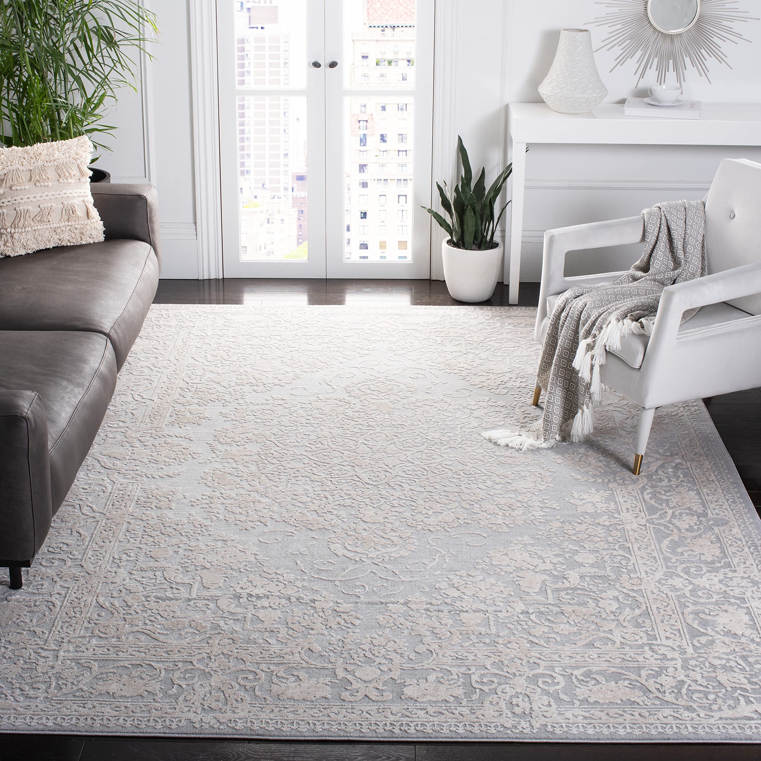 SAFAVIEH Area Rug 9x12 - Reflection Collection - Large - Light Grey & Cream, Non-Shedding & Easy Cleaning, Ideal for Living Room, Bedroom, Dining