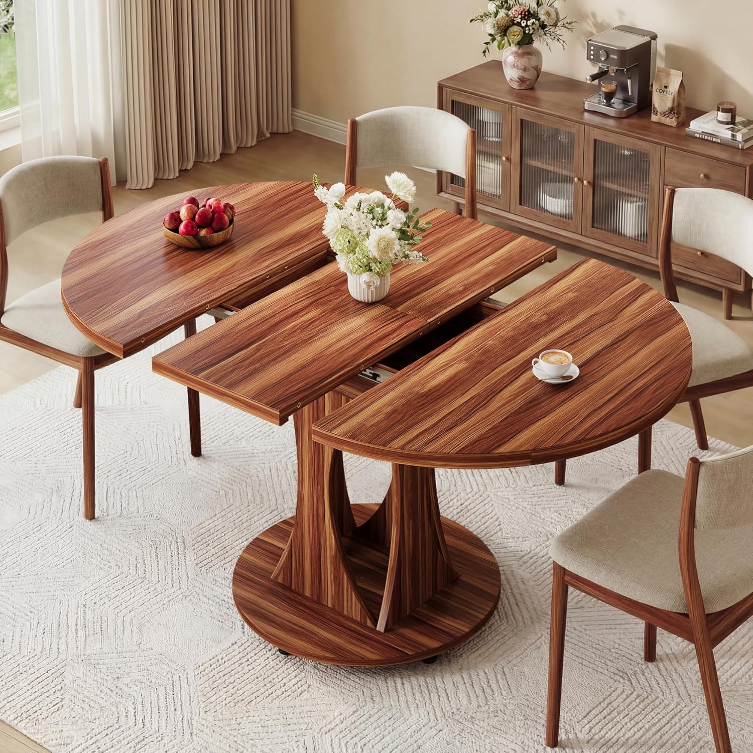 iPormis 43"-59" Extendable Dining Table, Round Kitchen Table with Modern Arcs Pedestal, Oval Dinner Table with Removable Leaves,Hidden Storage, for Kitchen, Dining Room, Living Room, Office, Walnut