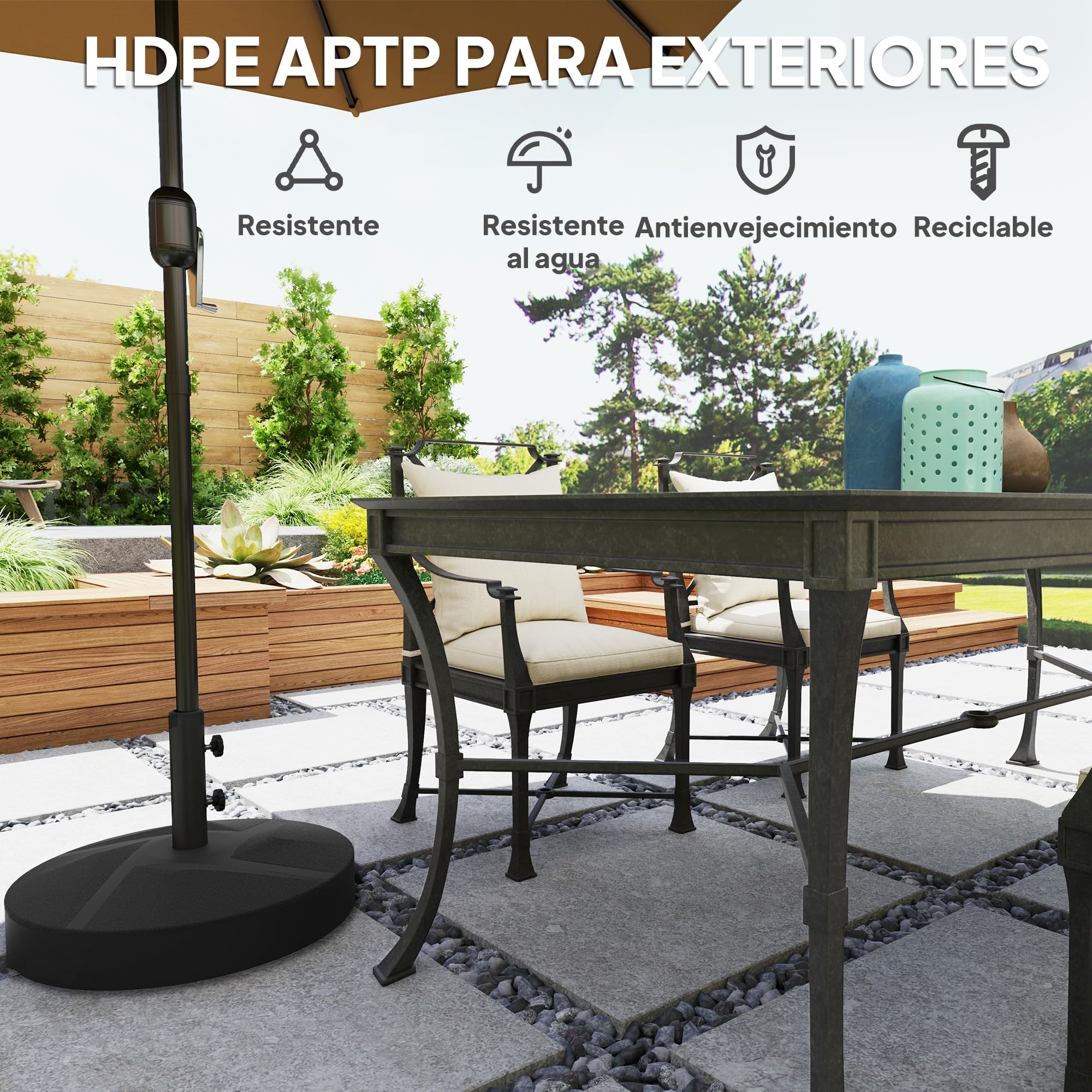 Outsunny Base para Sombrilla Redonda Soporte 25L o Arena 30kg Negro | Pie para Sombrilla, Rellenable con Agua, Jardín Terraza