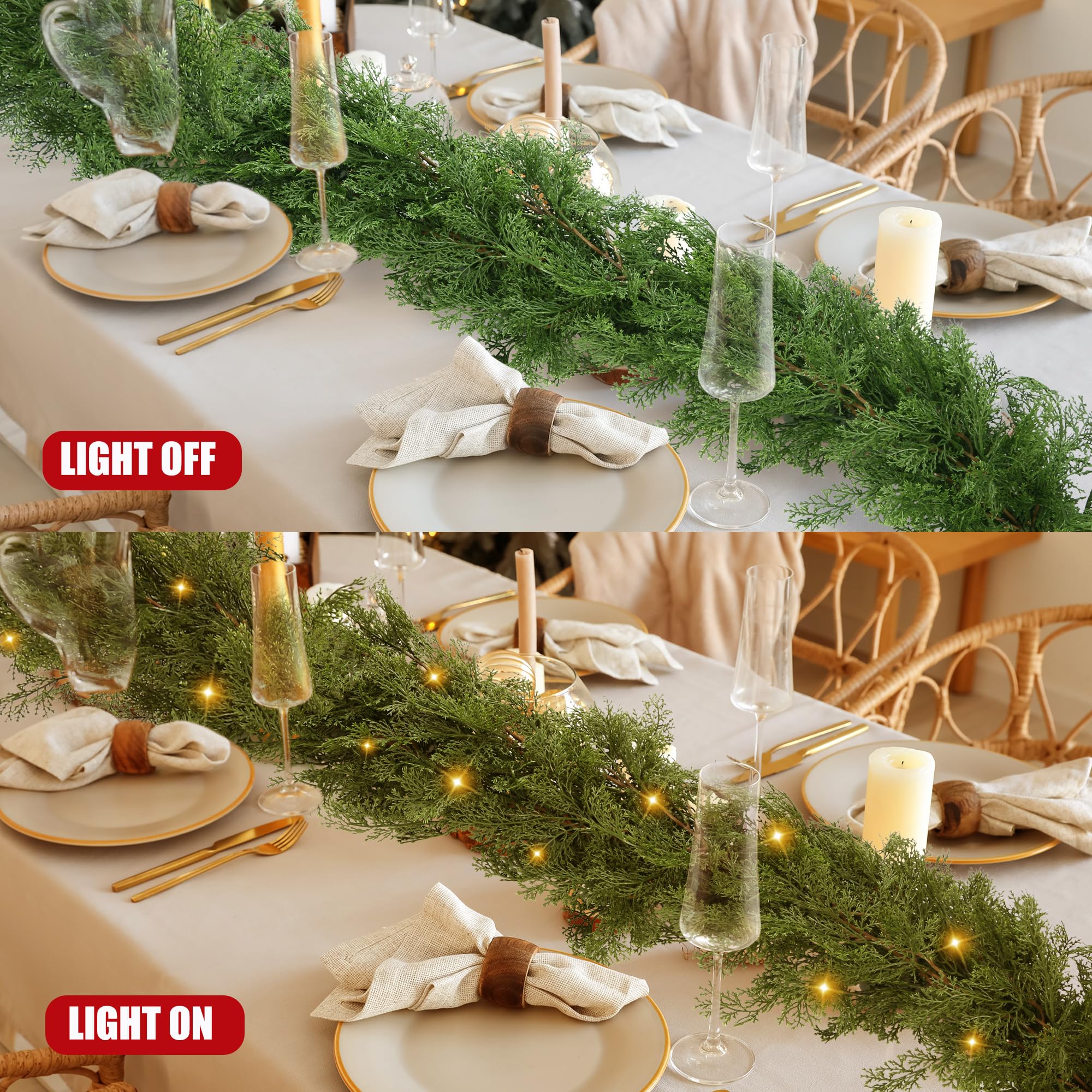 Sggvecsy Weihnachtsgirlande aus Zedernholz, künstliche Tannenzypresse, realistische Grüngirlande für Tisch, Wand, Kaminsims, Innenkamin, Zuhause, Urlaub, Winter, Weihnachtsdekoration (2 Stück)