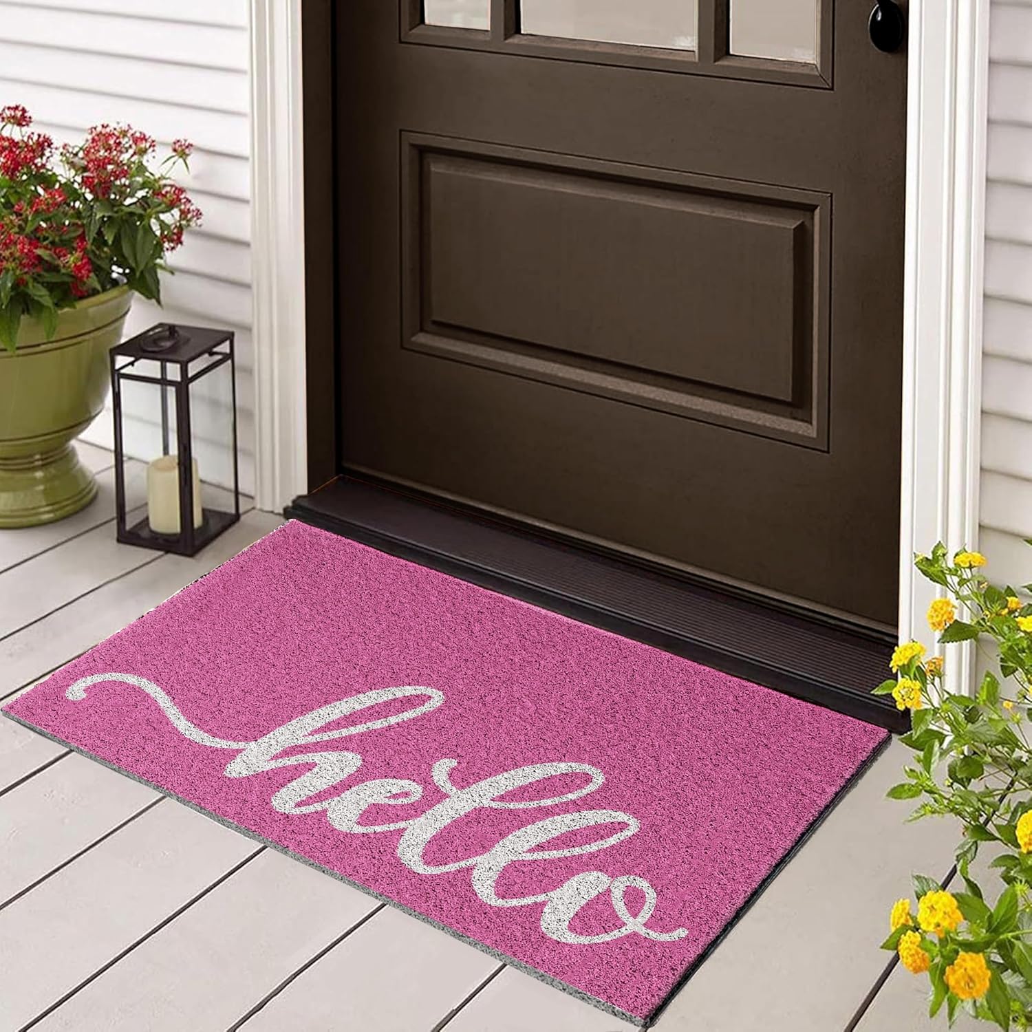 Hello Pink Fall Doormat,Home Decor Low-Profile Welcome Mat Floor Mat for Indoor Outdoor, Non-Slip PVC Backing Waterproof Mat 29x17 Inch
