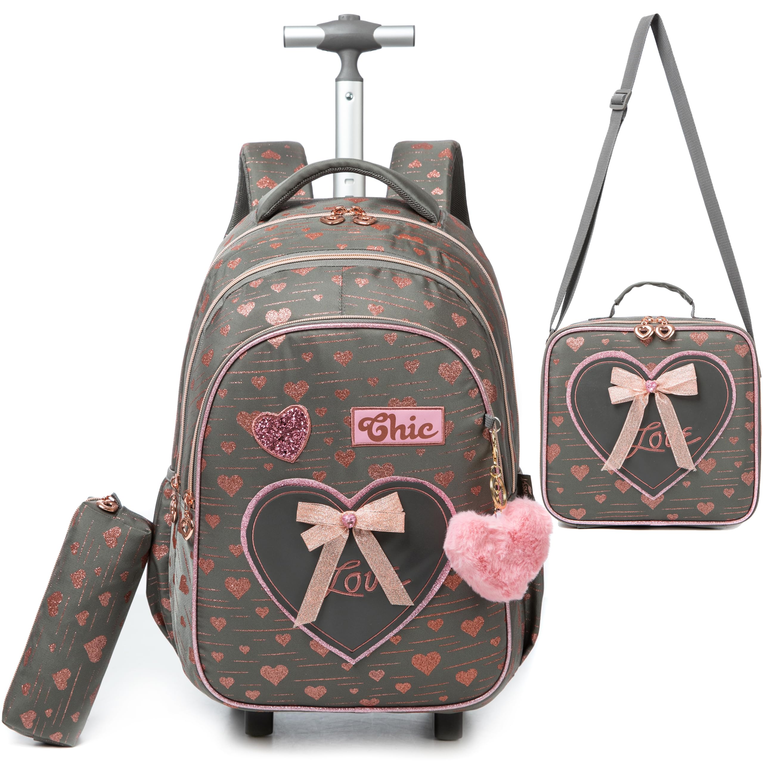 HTgroce 3 en 1 Mochila Escolar con Ruedas Niña, Mochila Ruedas Niña Traiga un Estuche para lápices y una Bolsa para el Almuerzo