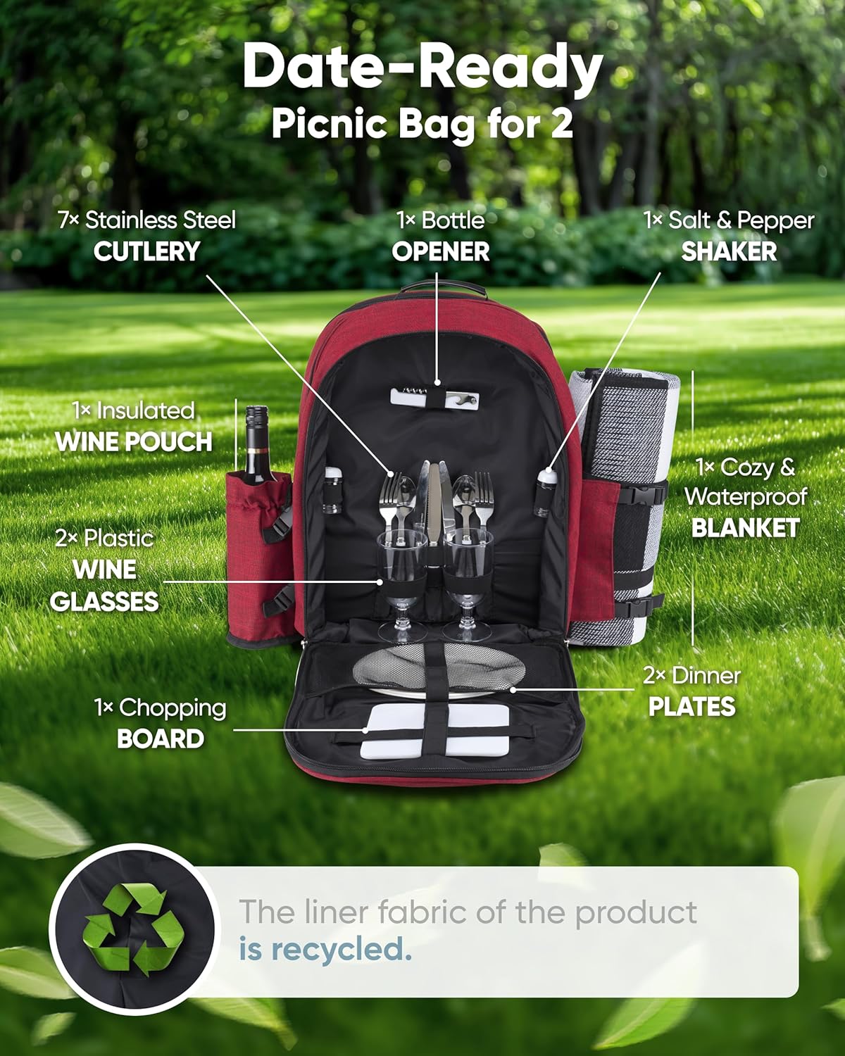 Picnic Backpack for 2 - All-in-One for Couples [with Picnic Blanket & Portable Wine Table] - Waterproof 32L - Insulated Picnic Set - Cooler Pouch & Wine Holder - Dating, Outdoor & Camping - Image 4